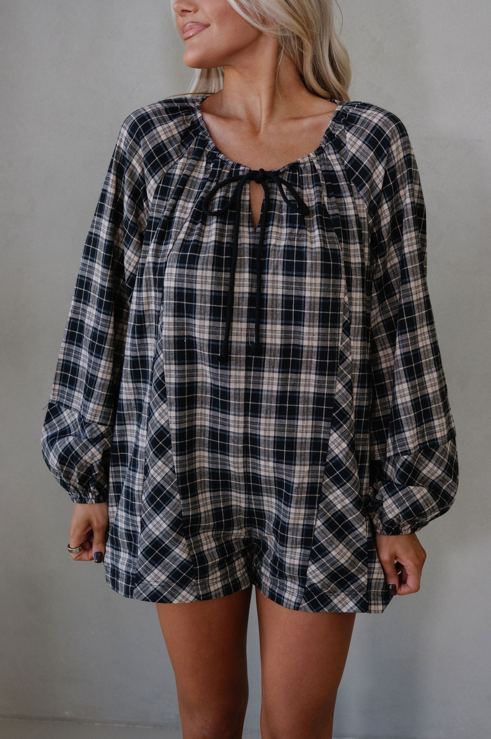 Plaid Flannel Romper-Black/Beige
