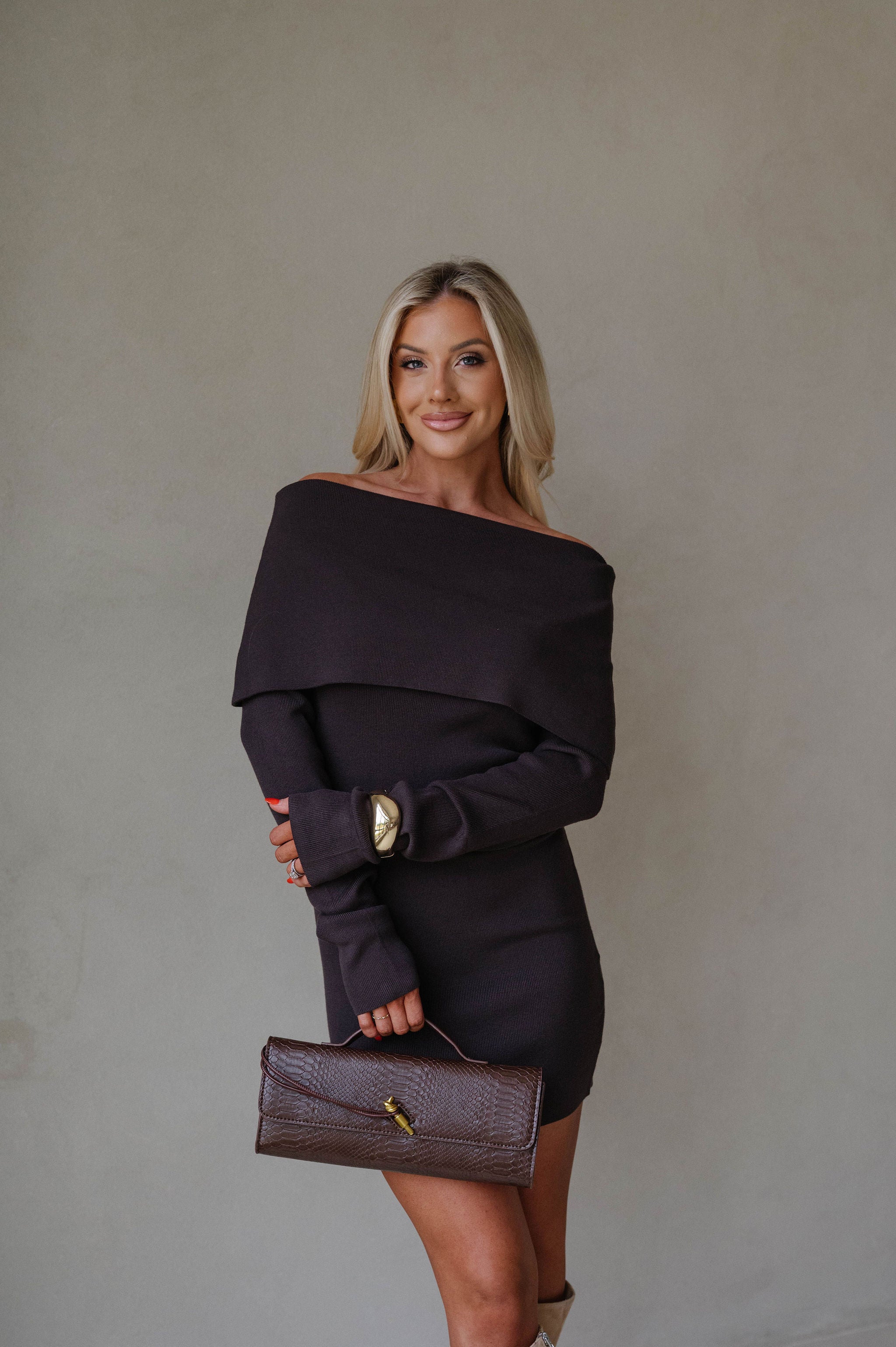 Charlie OTS Sweater Dress-Coffee Bean