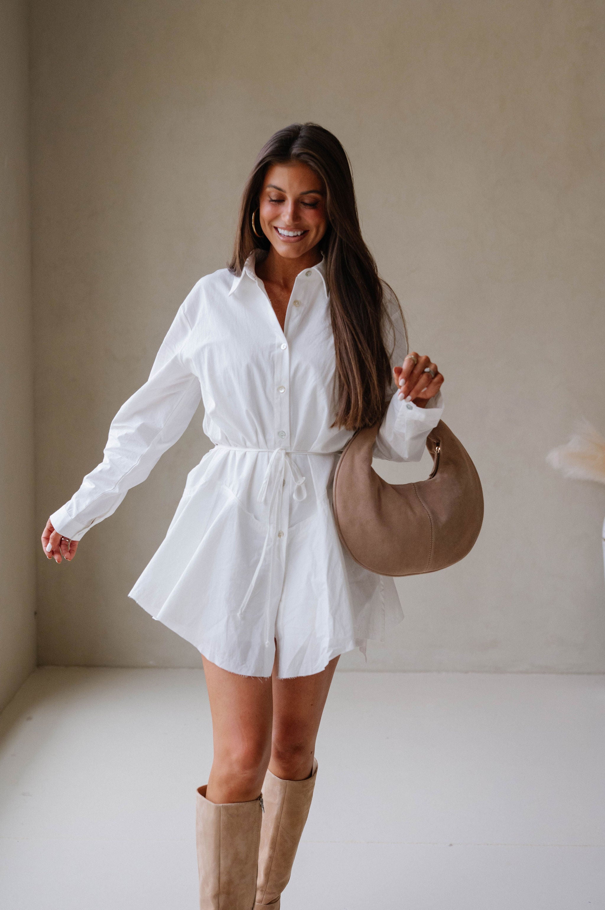 Belted Handkerchief Shirt Romper-Cream