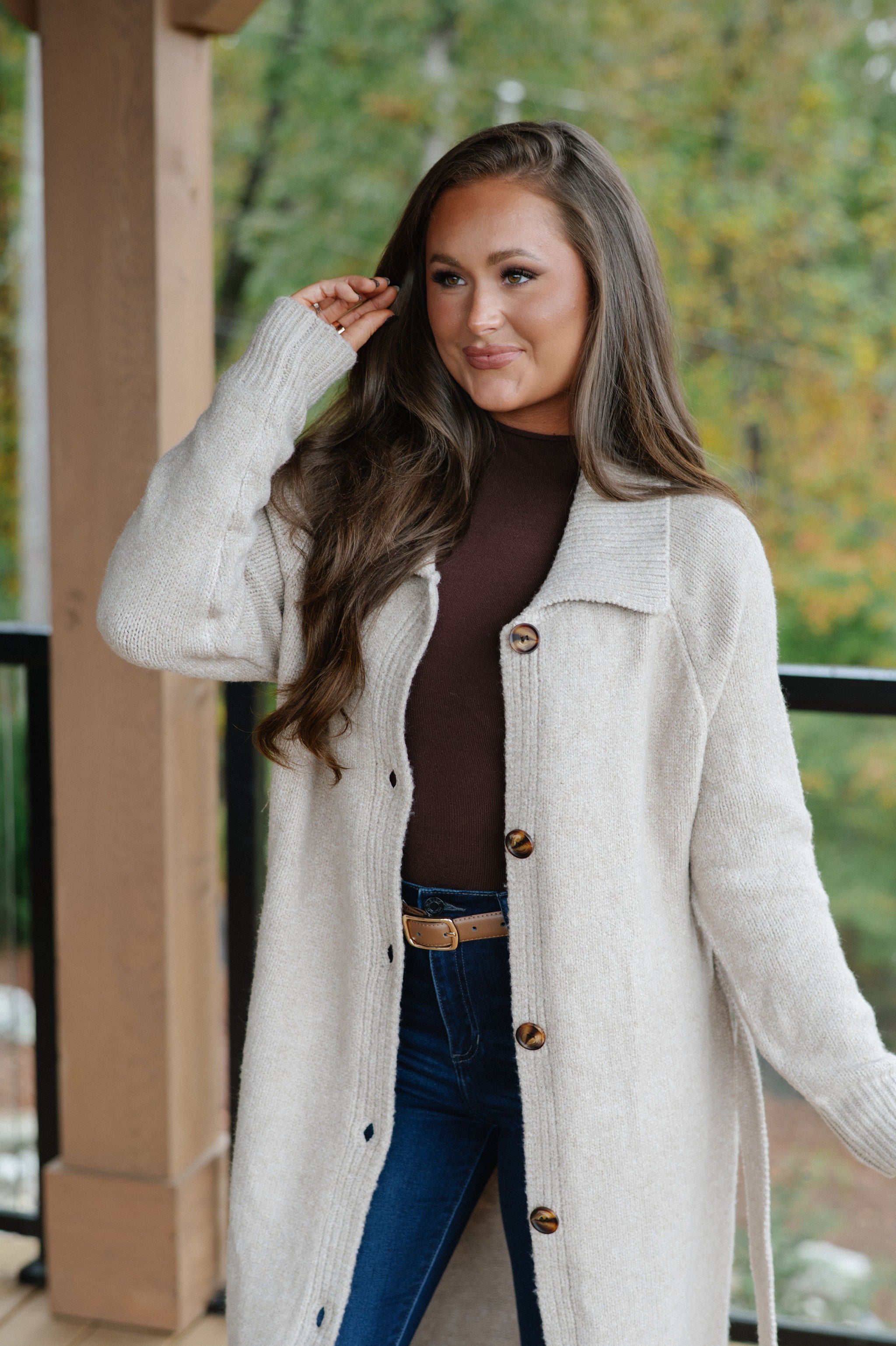 Perrin Knit Belted Long Cardigan-Oat