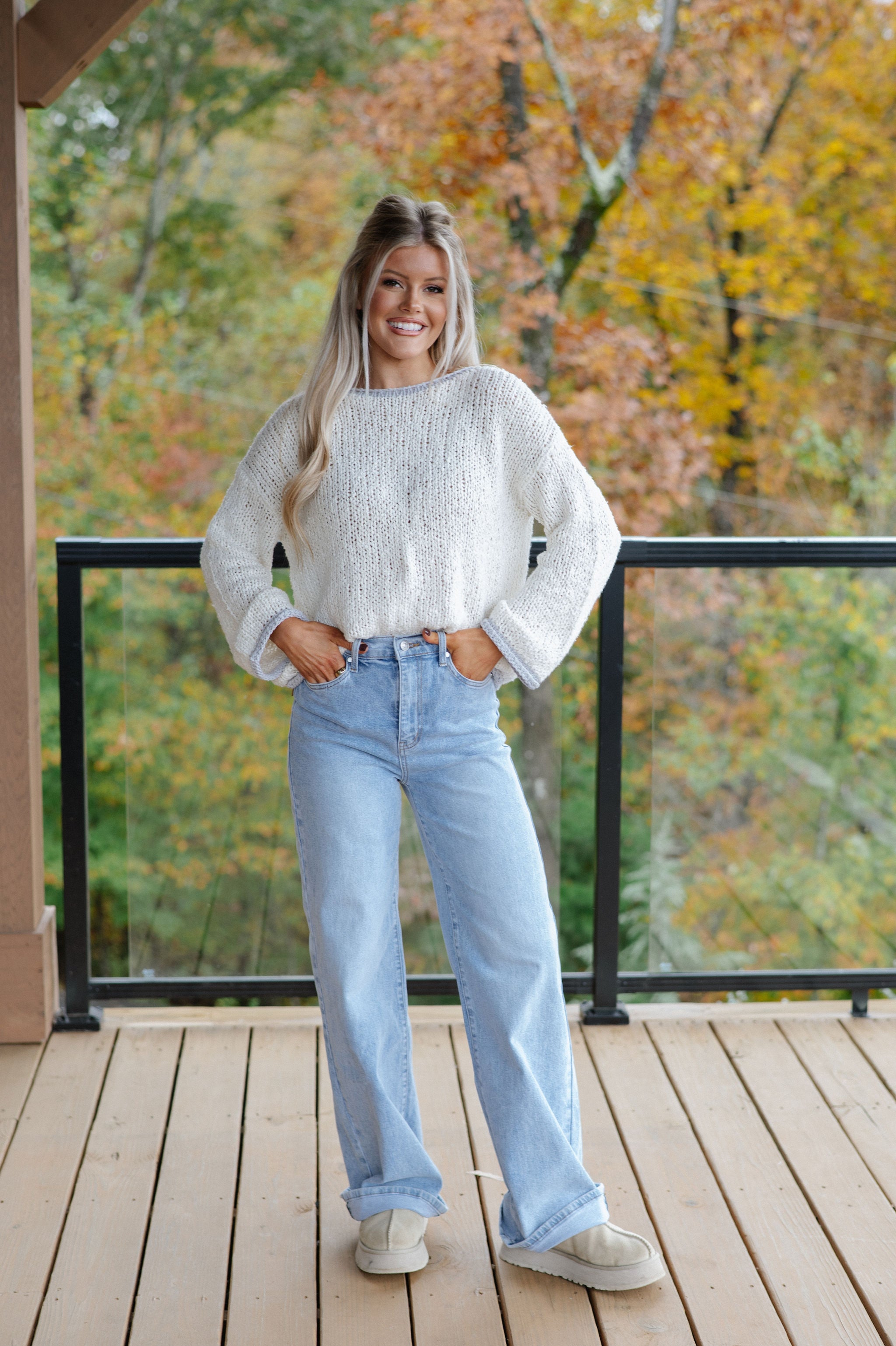 Hallie Popcorn Sweater-Ivory/Dusty Grey