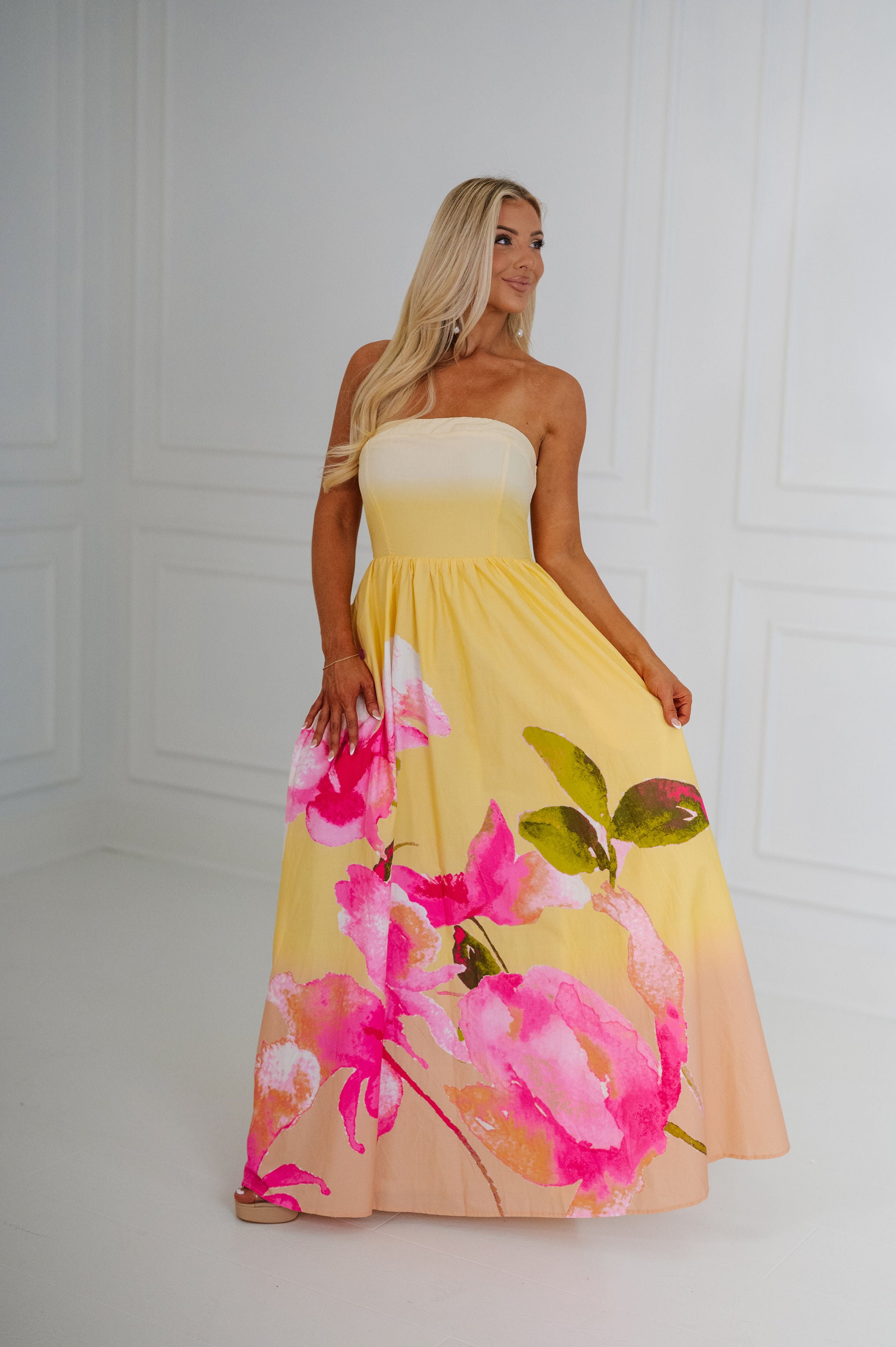 light pink and yellow dress Light Pink Floral Print Jacquard Dress - Midi Dresses