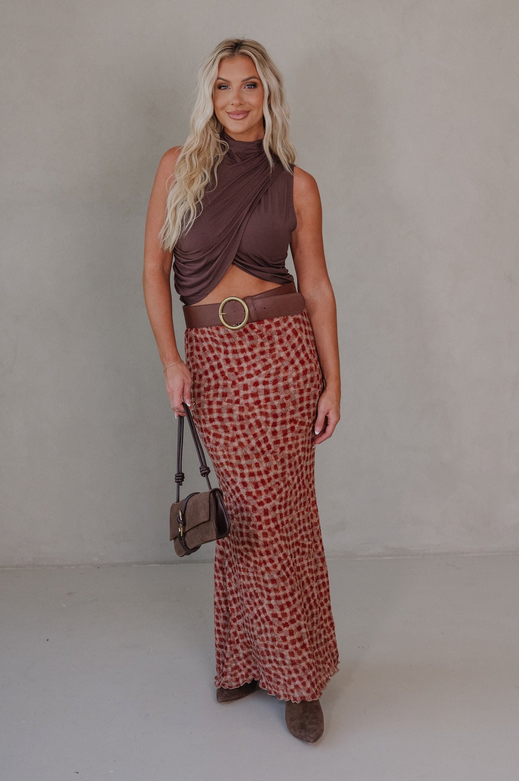 Crissy Front Cross Knit Tank-Brown