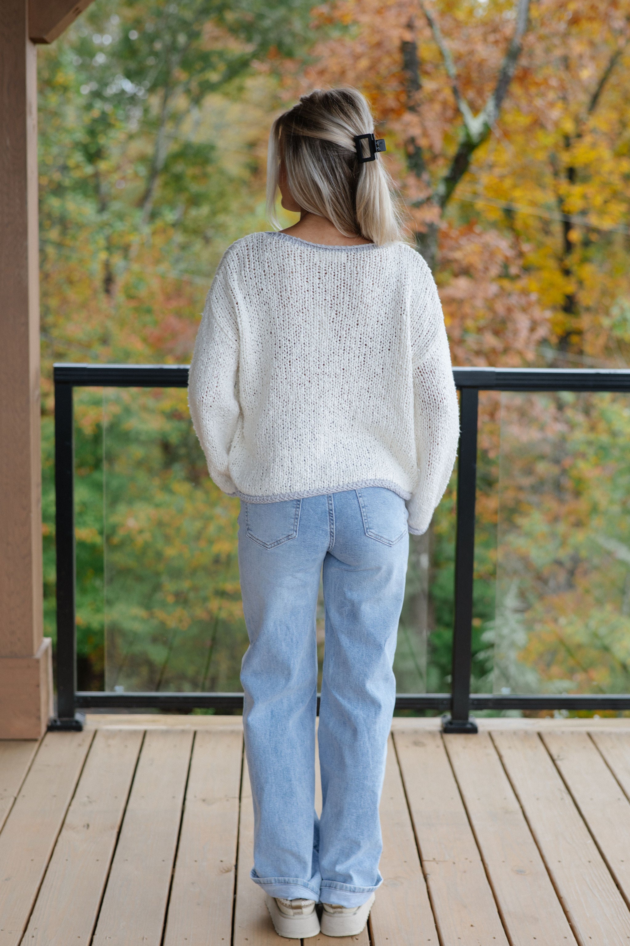 Hallie Popcorn Sweater-Ivory/Dusty Grey