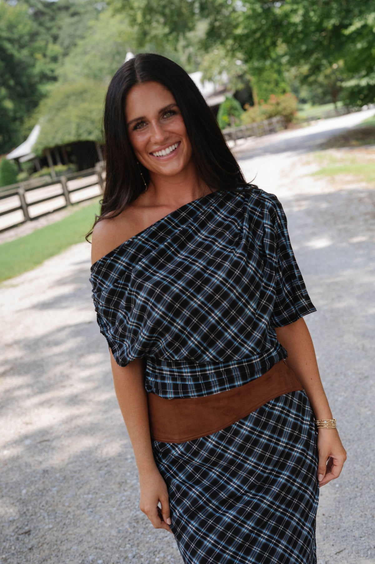 Plaid Asymmetrical Skirt Set-Blue Combo