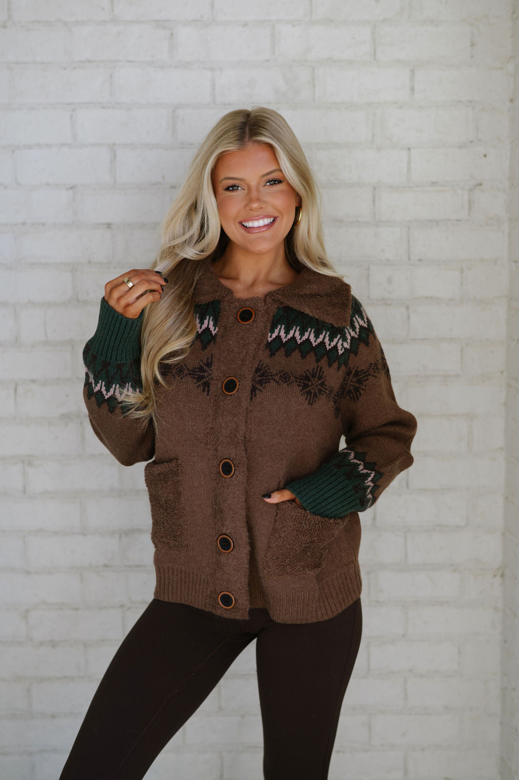 Doorbuster! Jacquard Sweater Jacket-Brown