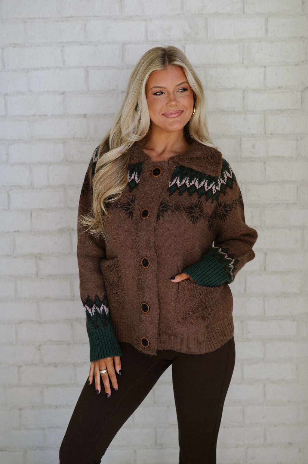 Doorbuster! Jacquard Sweater Jacket-Brown