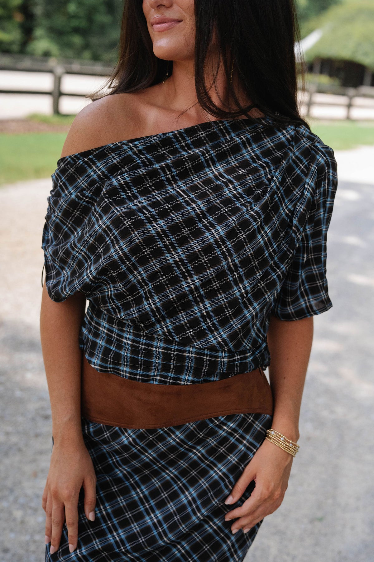 Plaid Asymmetrical Skirt Set-Blue Combo