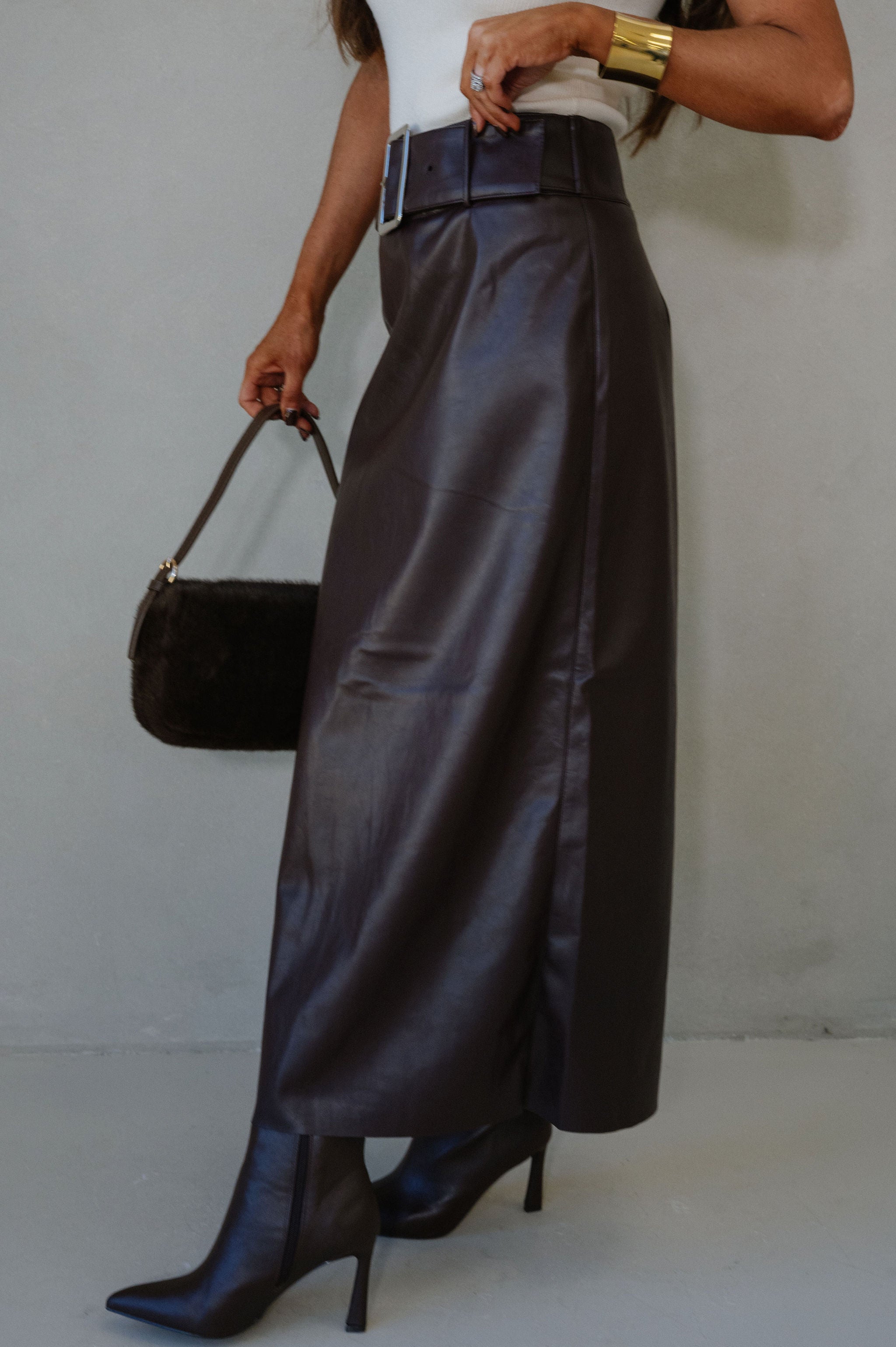 Buckle Waist Back Slit Skirt-Dark Oak