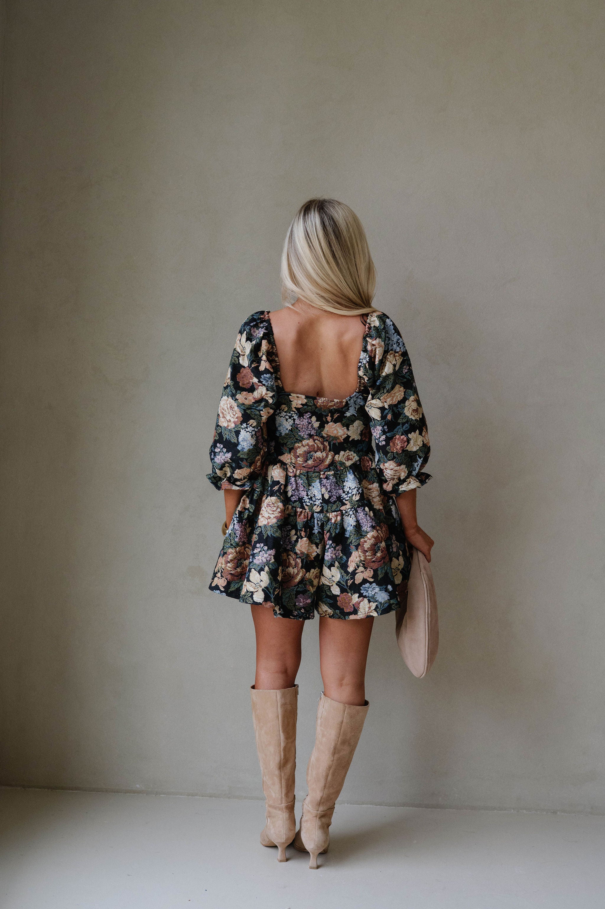 Floral Tapestry Tiered Ruffle Romper-Black