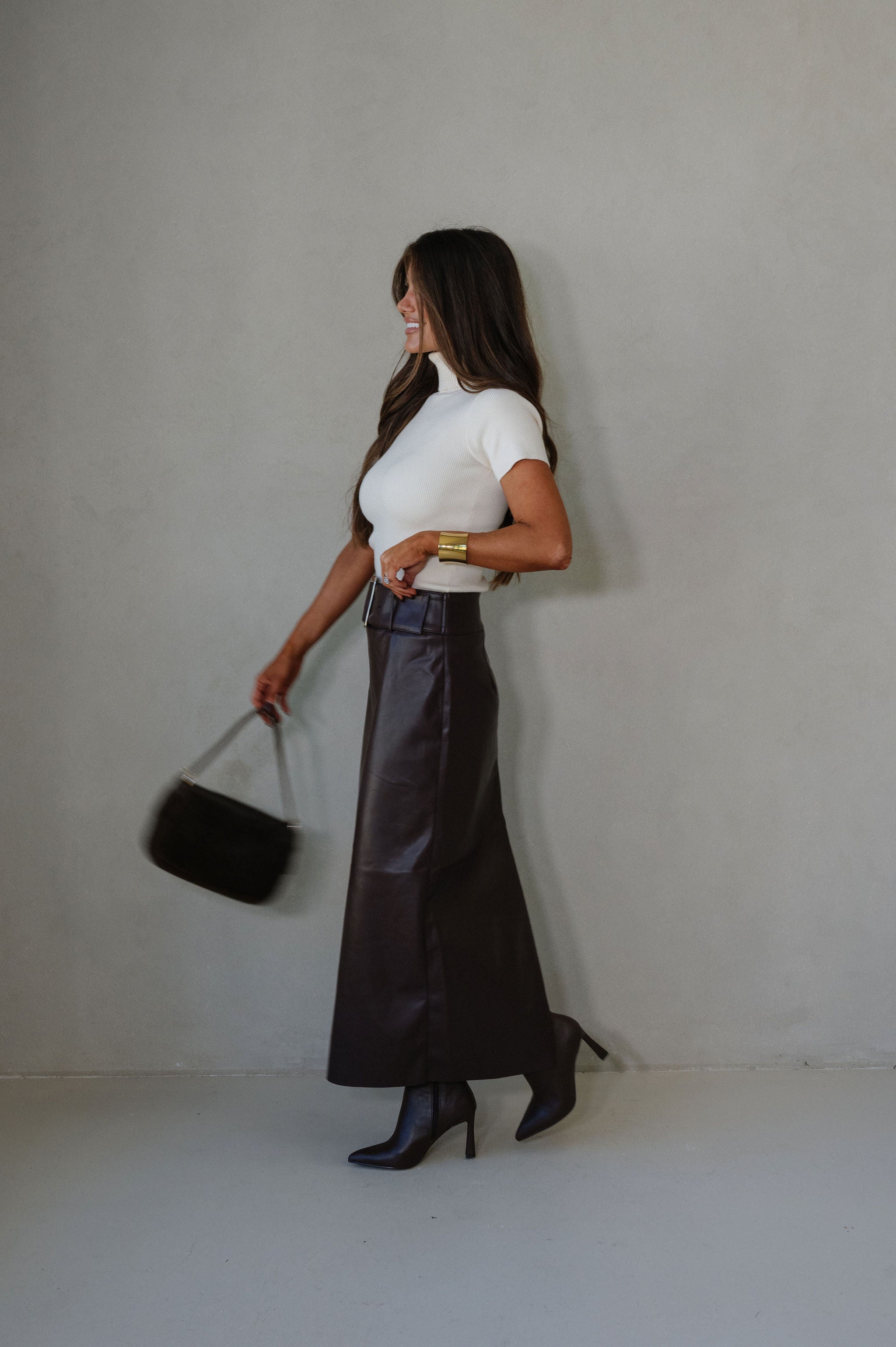 Buckle Waist Back Slit Skirt-Dark Oak