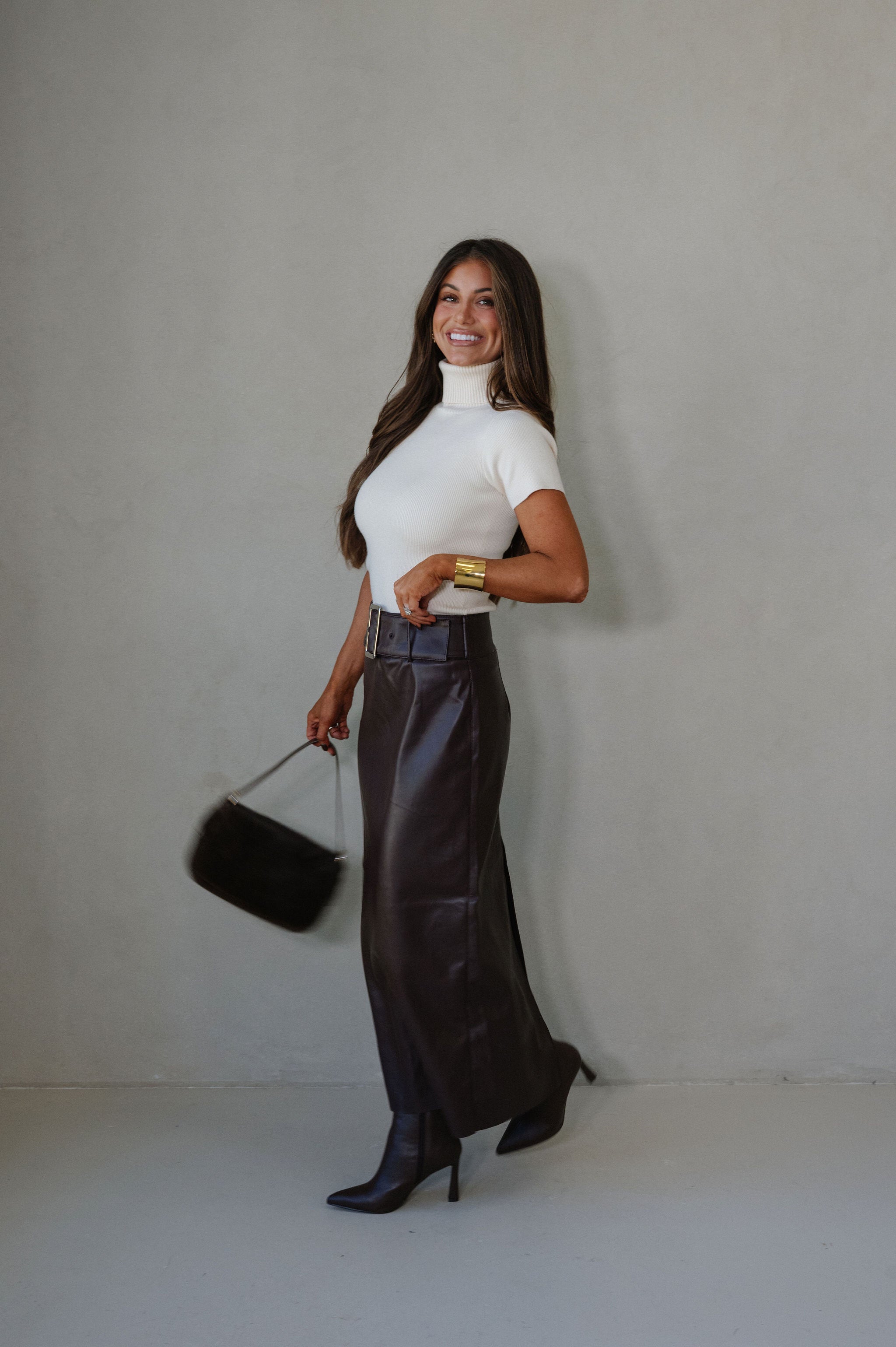 Buckle Waist Back Slit Skirt-Dark Oak