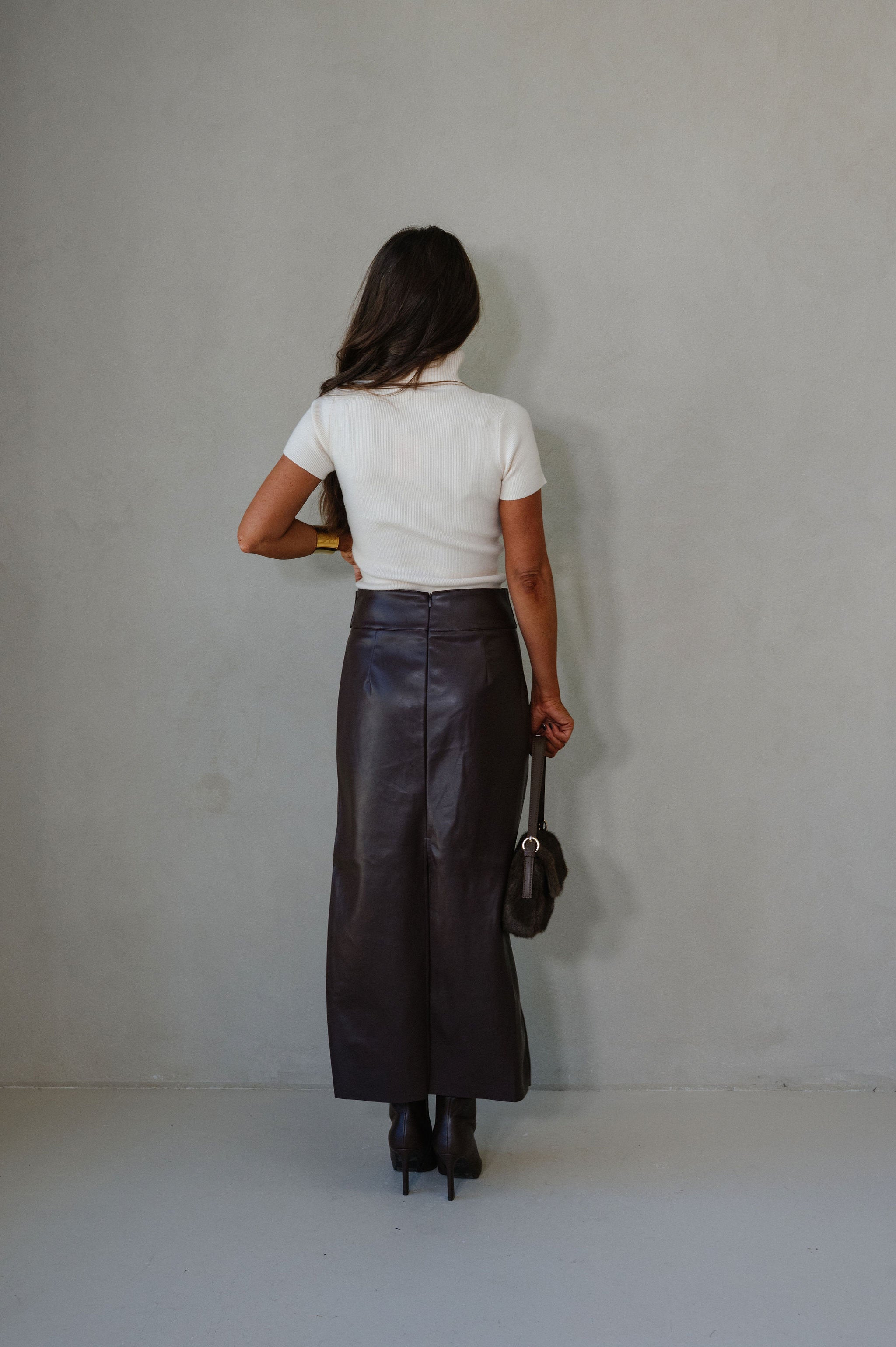 Buckle Waist Back Slit Skirt-Dark Oak