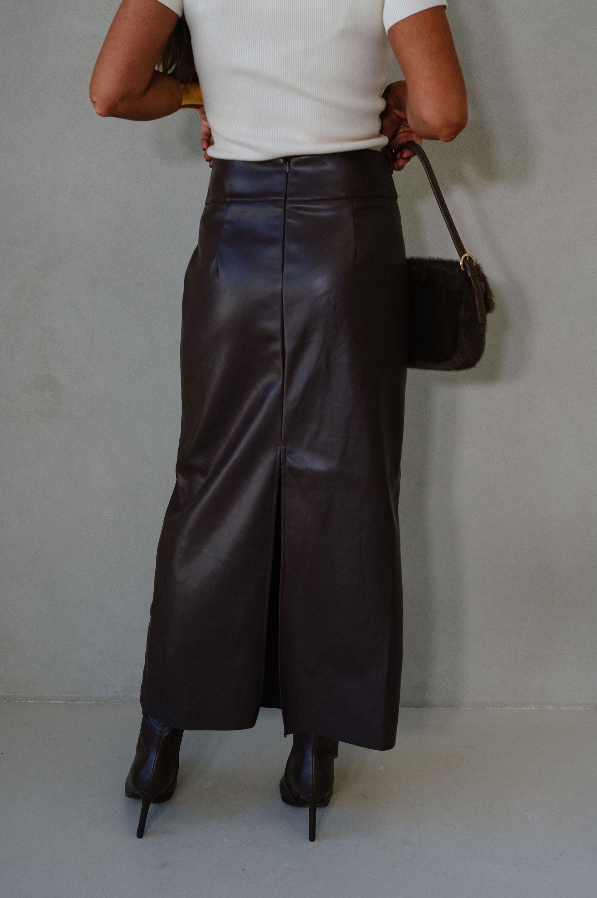 Buckle Waist Back Slit Skirt-Dark Oak