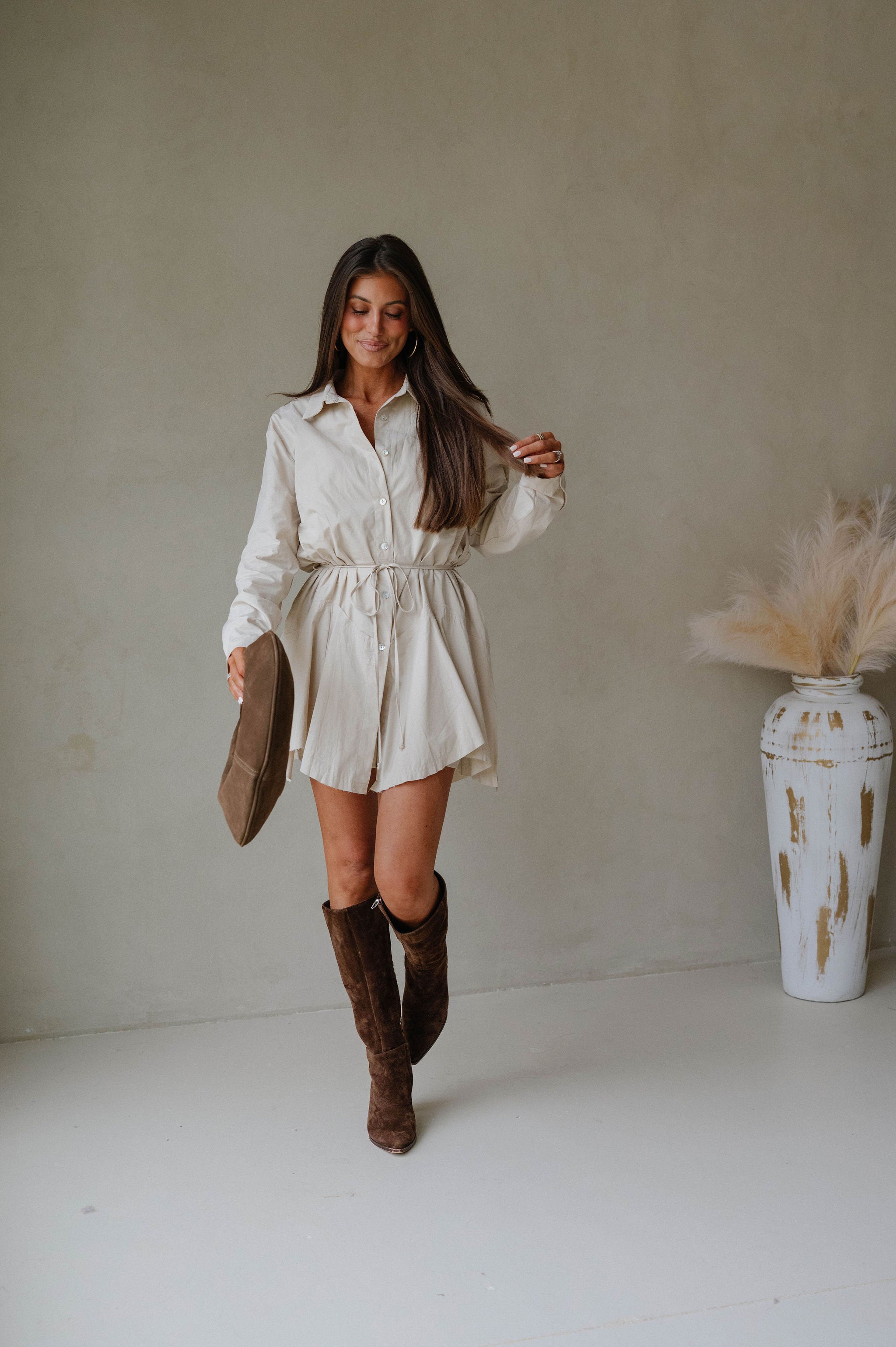 Belted Handkerchief Shirt Romper-Oatmeal