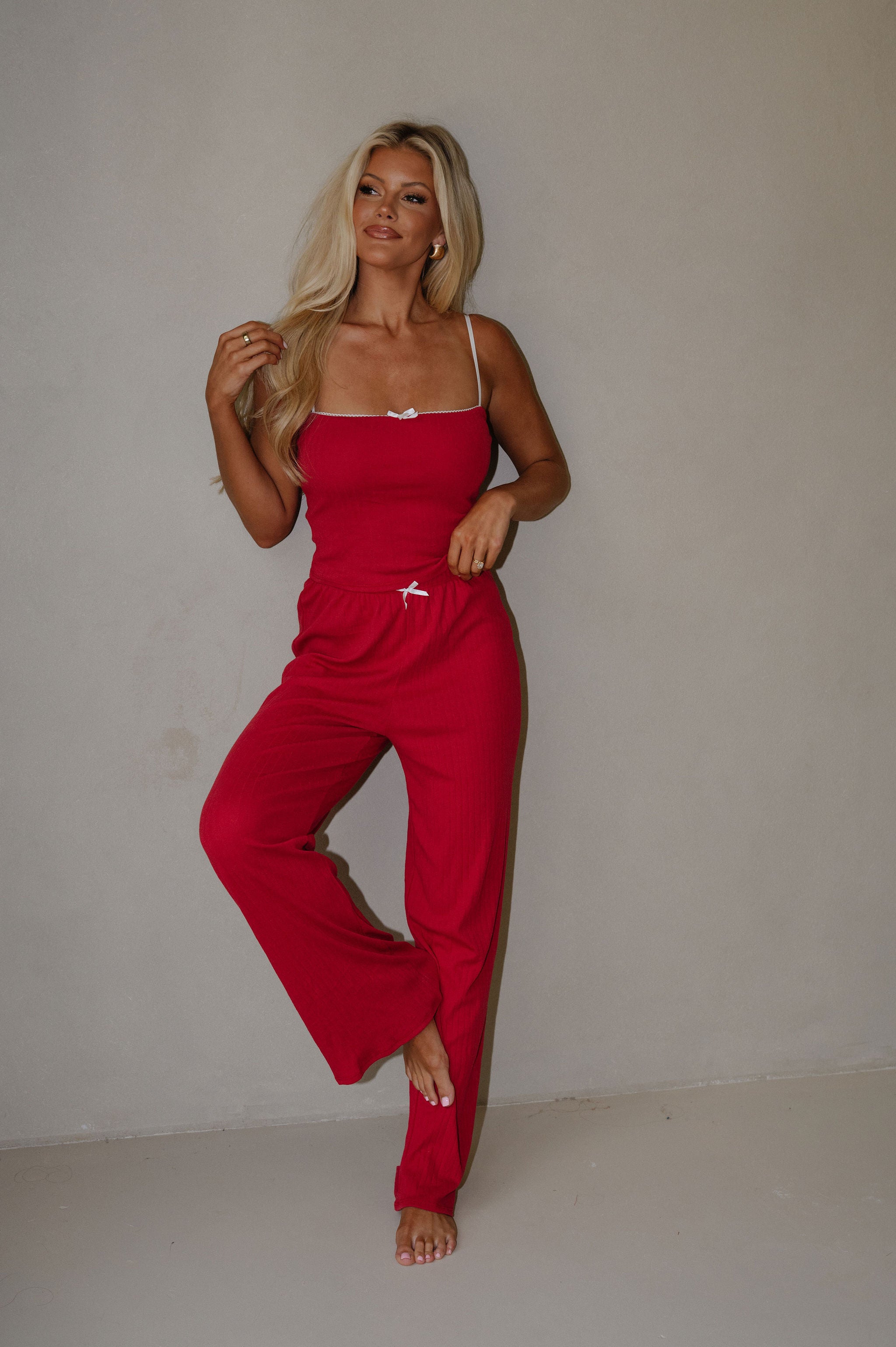 Pointelle Wide Leg Pants Set-Dark Red