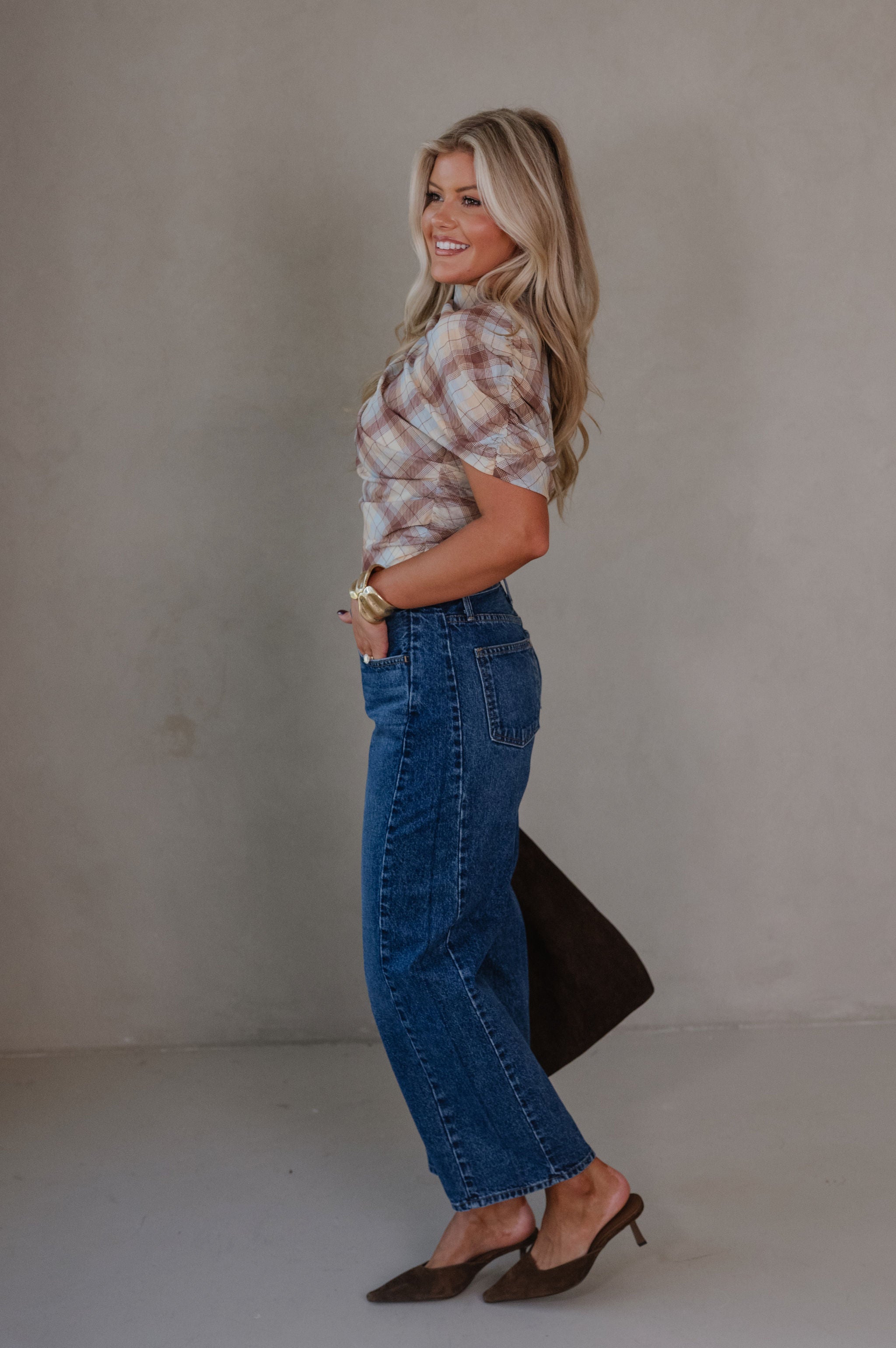 Cara Plaid Ruched Top-Yellow Multi