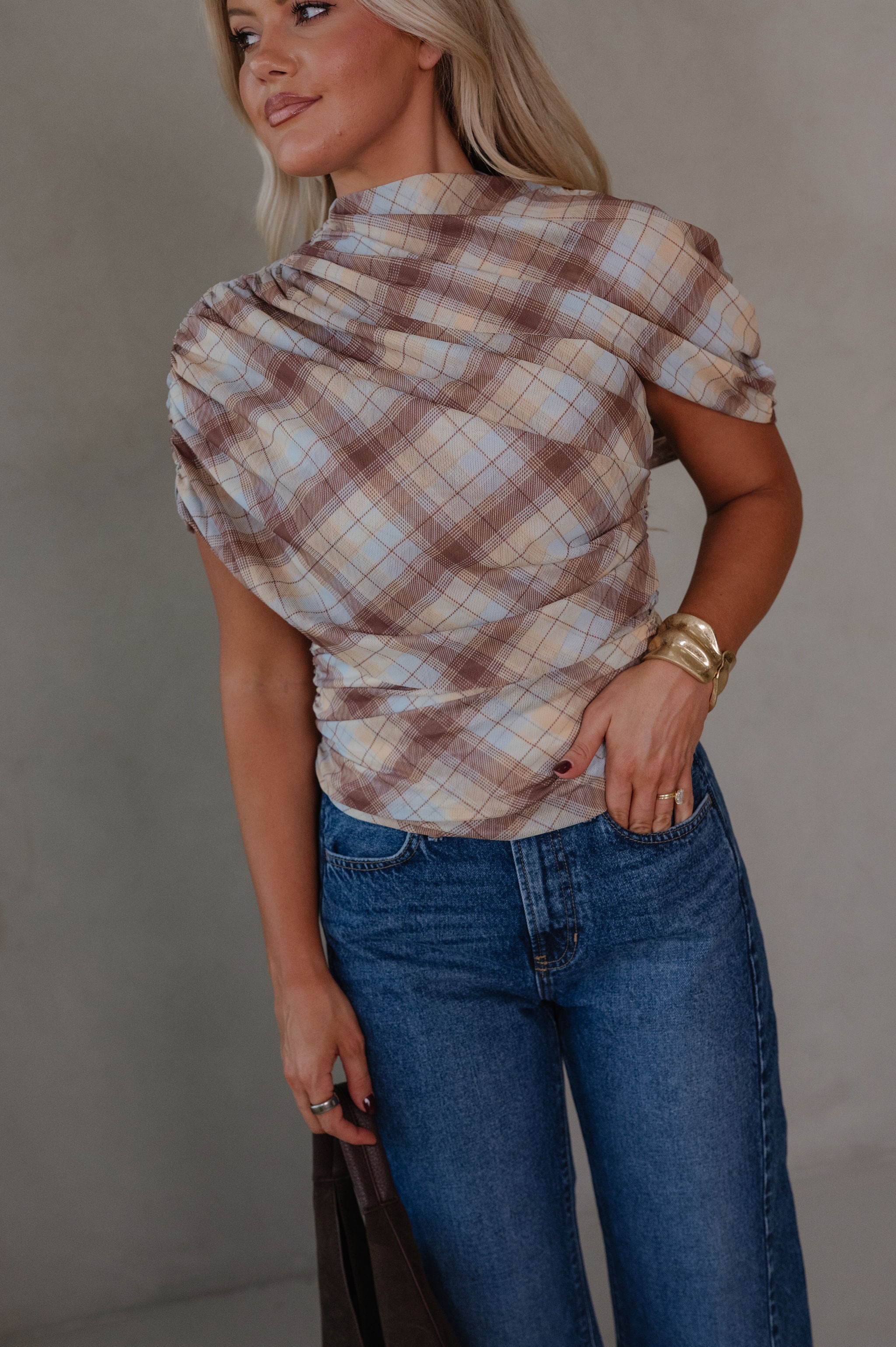 Cara Plaid Ruched Top-Yellow Multi