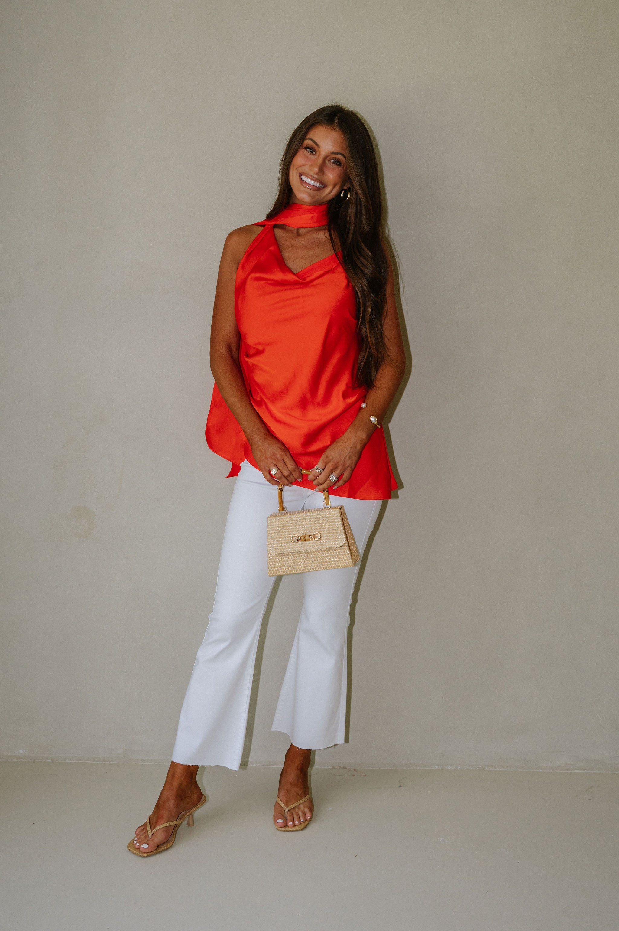 Satin Scarf Neck Top-Orange