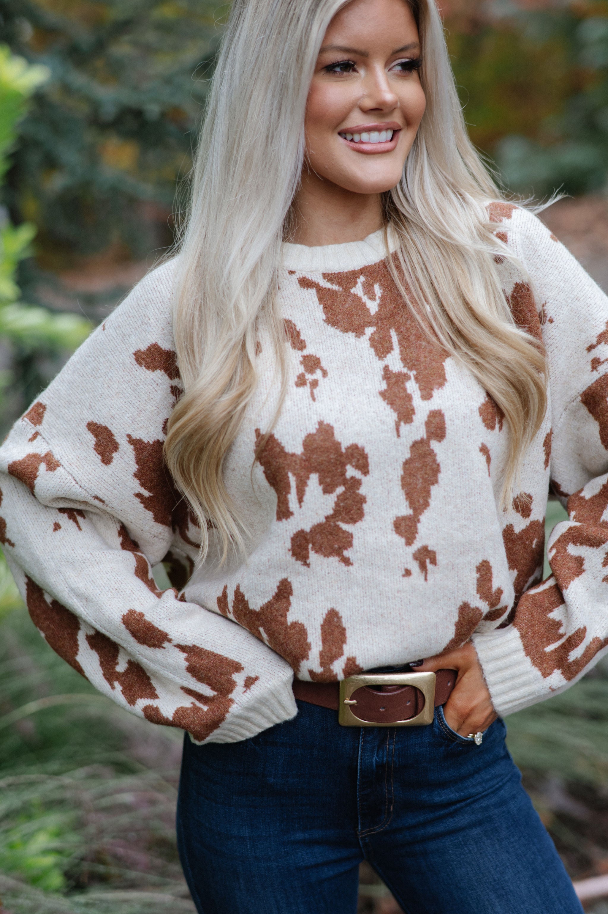 Chic Cow Print Sweater-Natural Camel