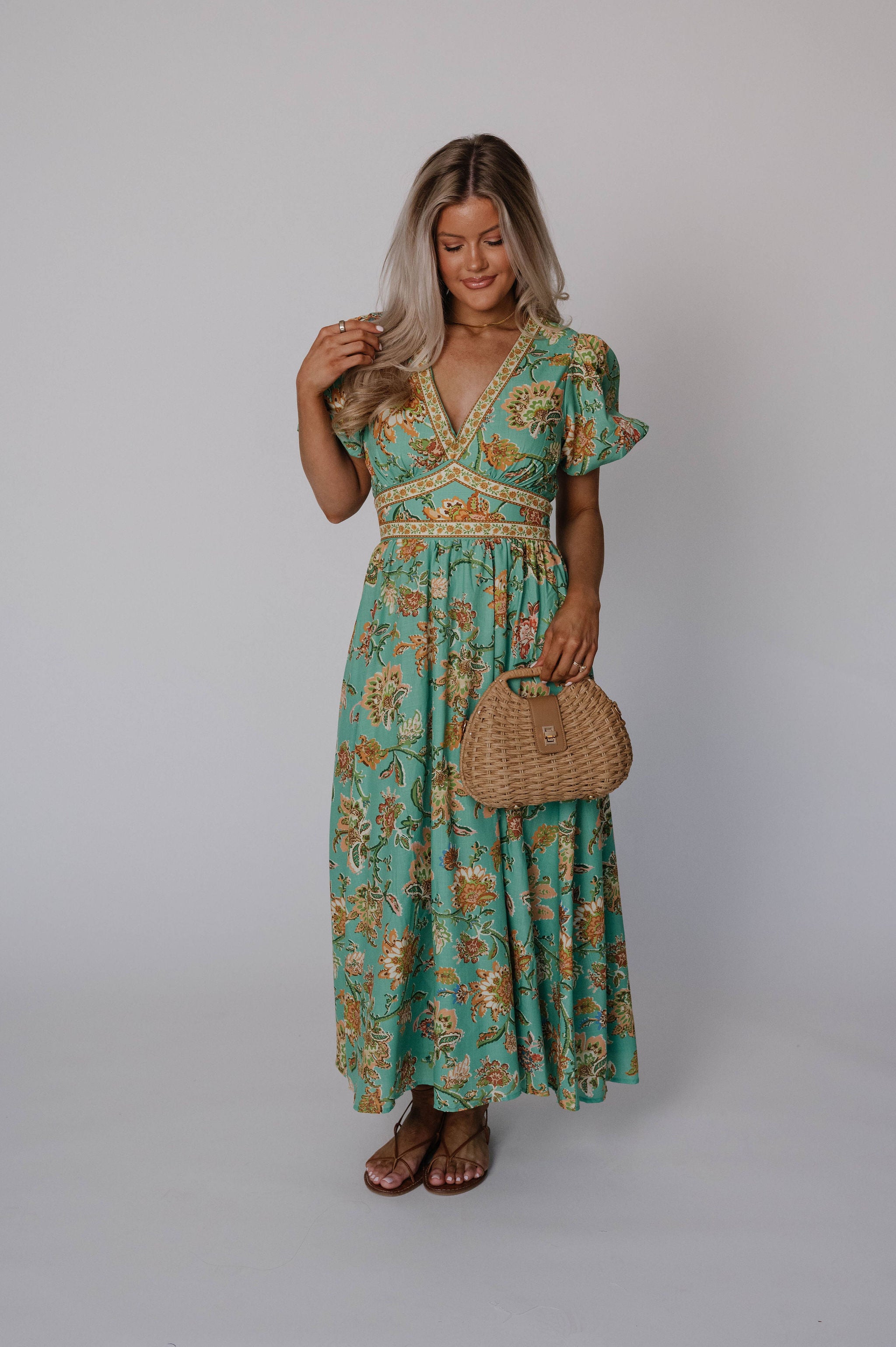 Jaynie Puff Sleeve Midi Dress-Green Multi