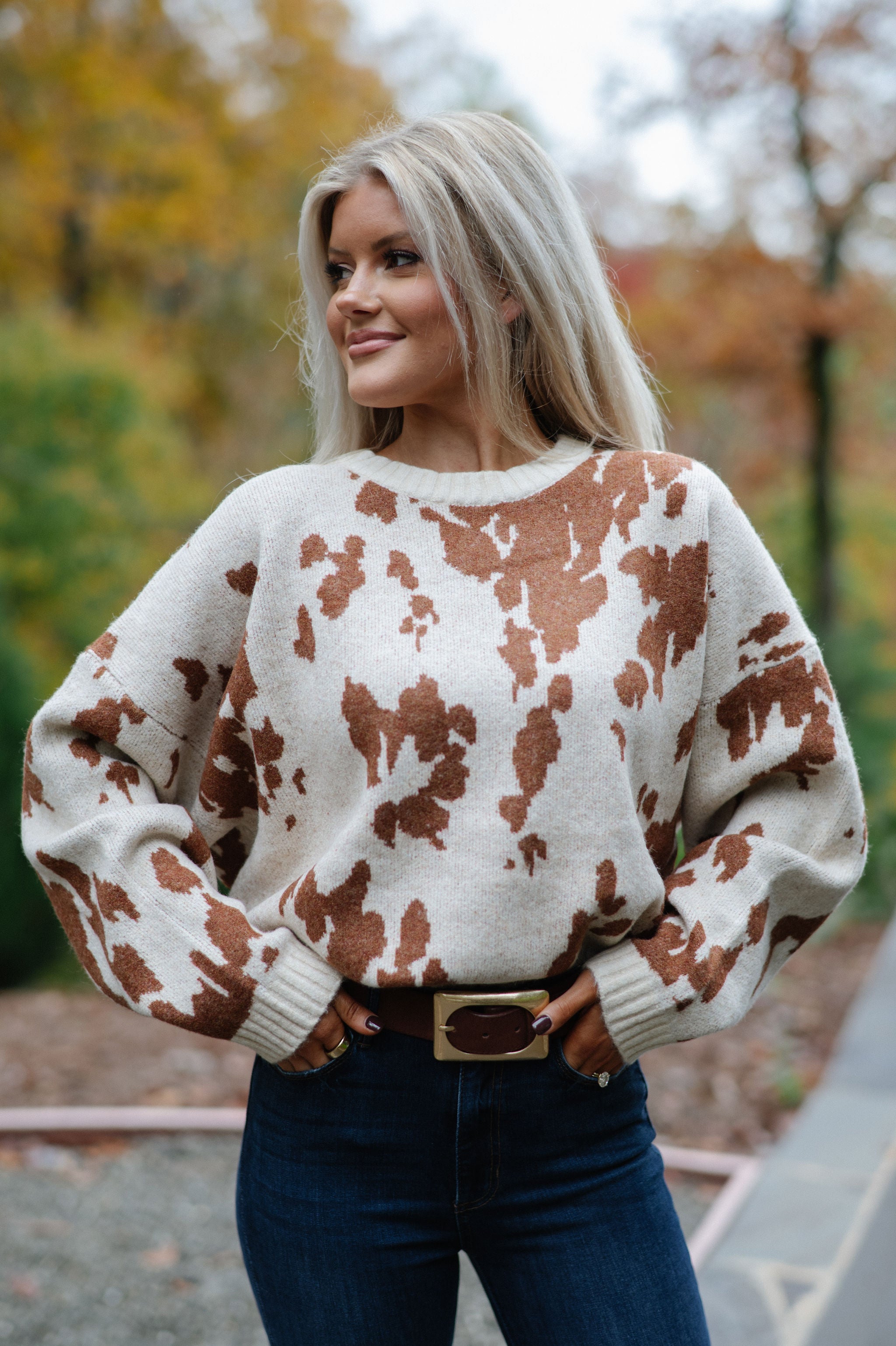 Chic Cow Print Sweater-Natural Camel