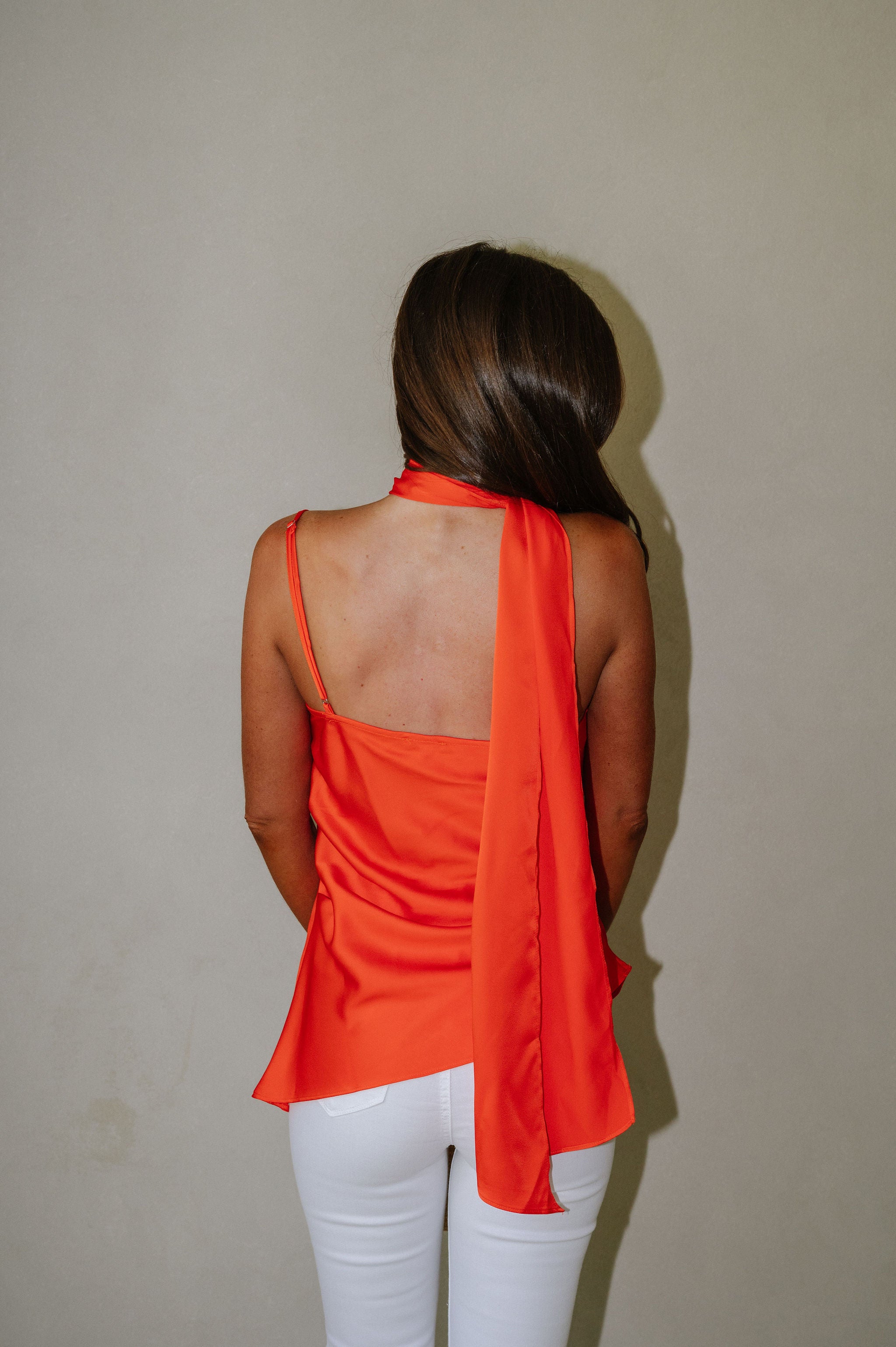 Satin Scarf Neck Top-Orange