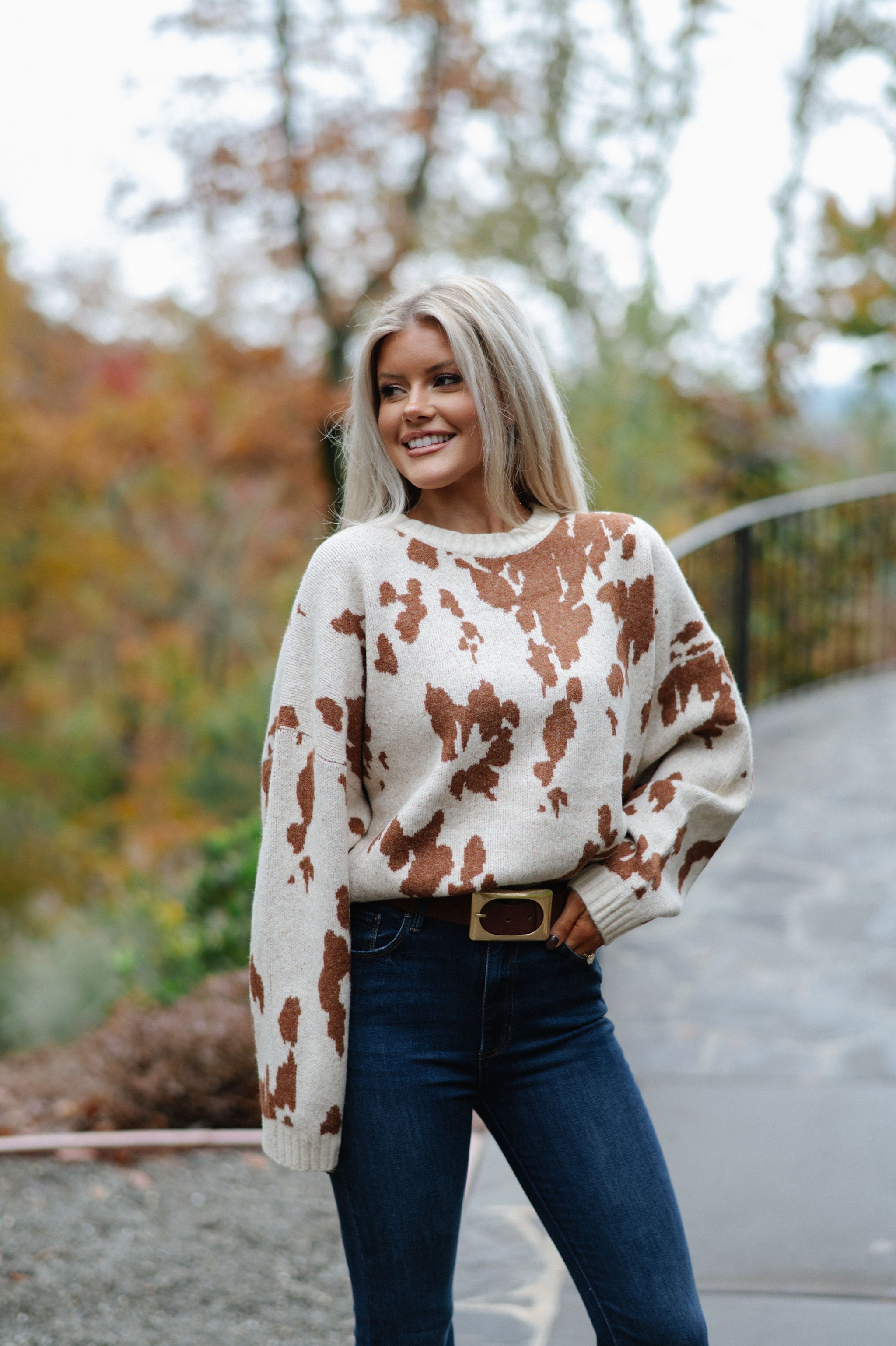 Chic Cow Print Sweater-Natural Camel