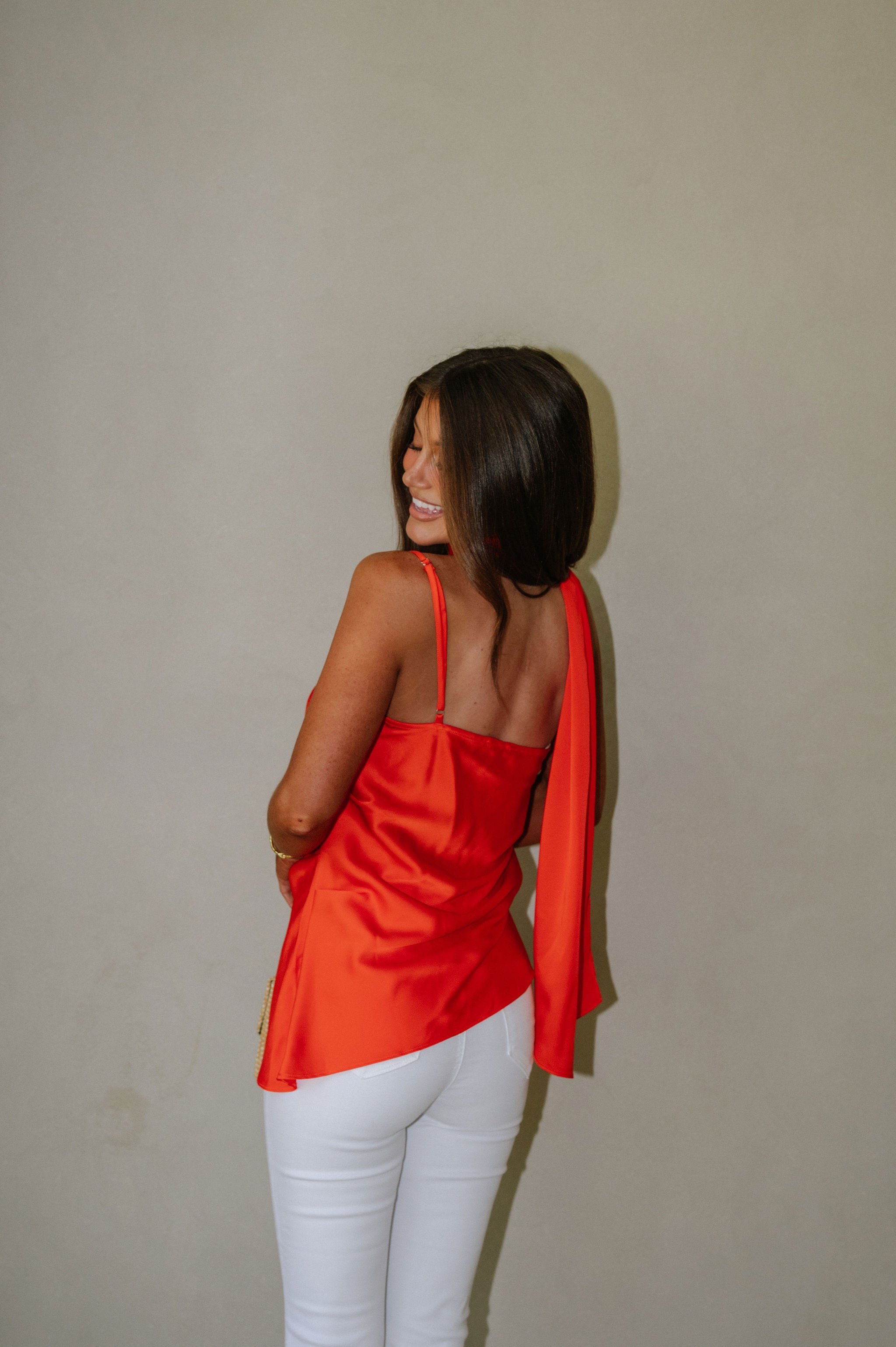 Satin Scarf Neck Top-Orange