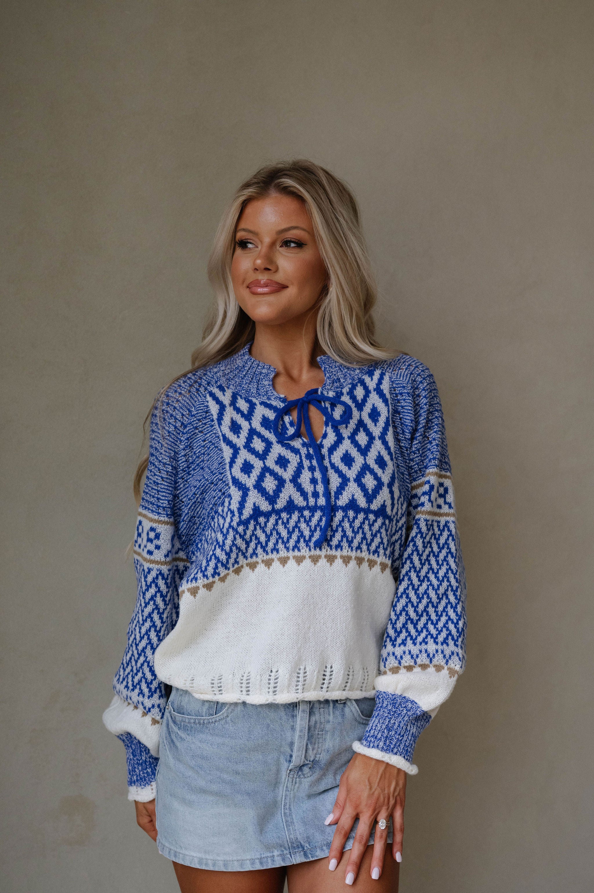 Puff Sleeve Nordic Sweater-Royal Blue