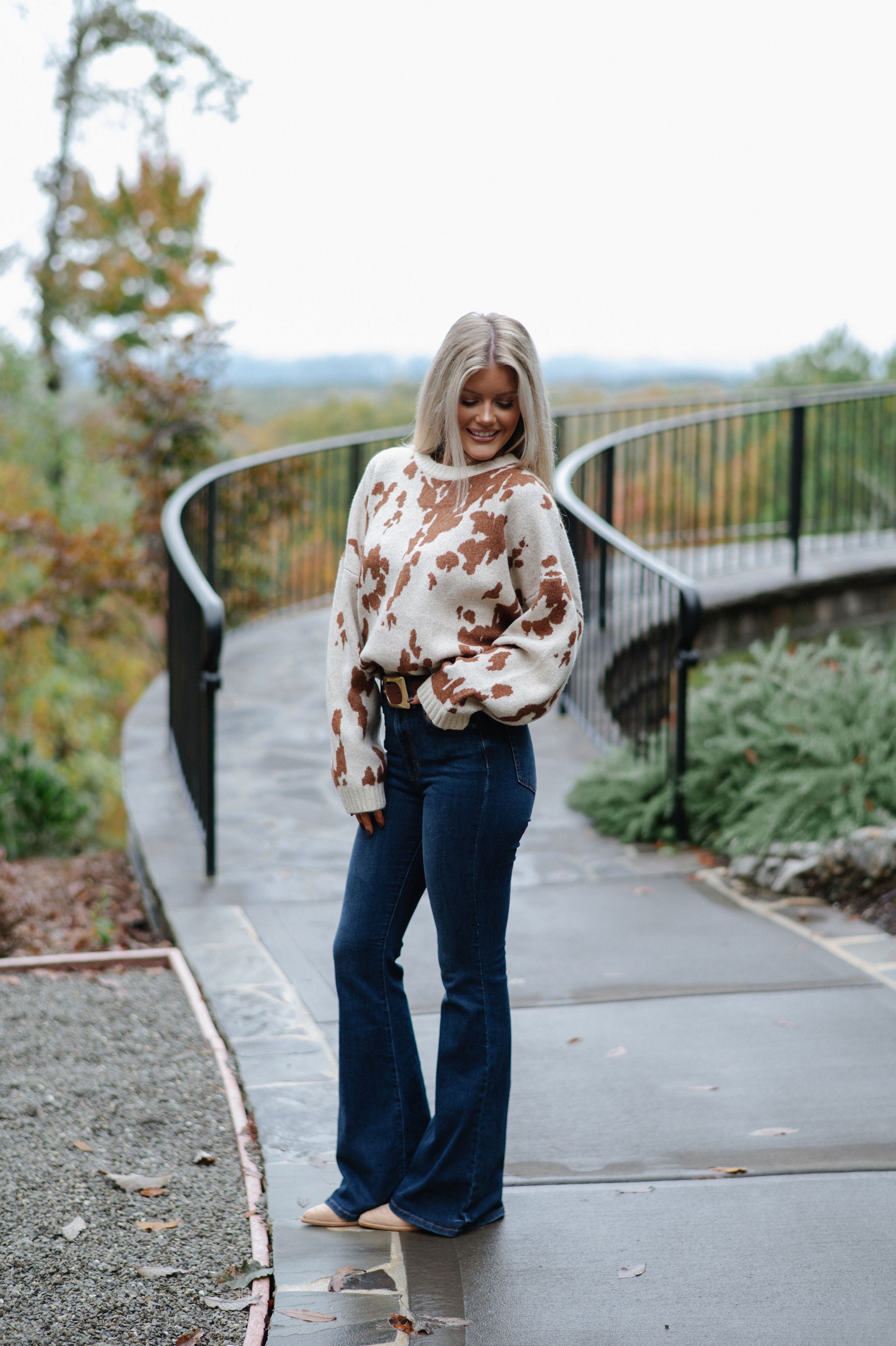 Chic Cow Print Sweater-Natural Camel