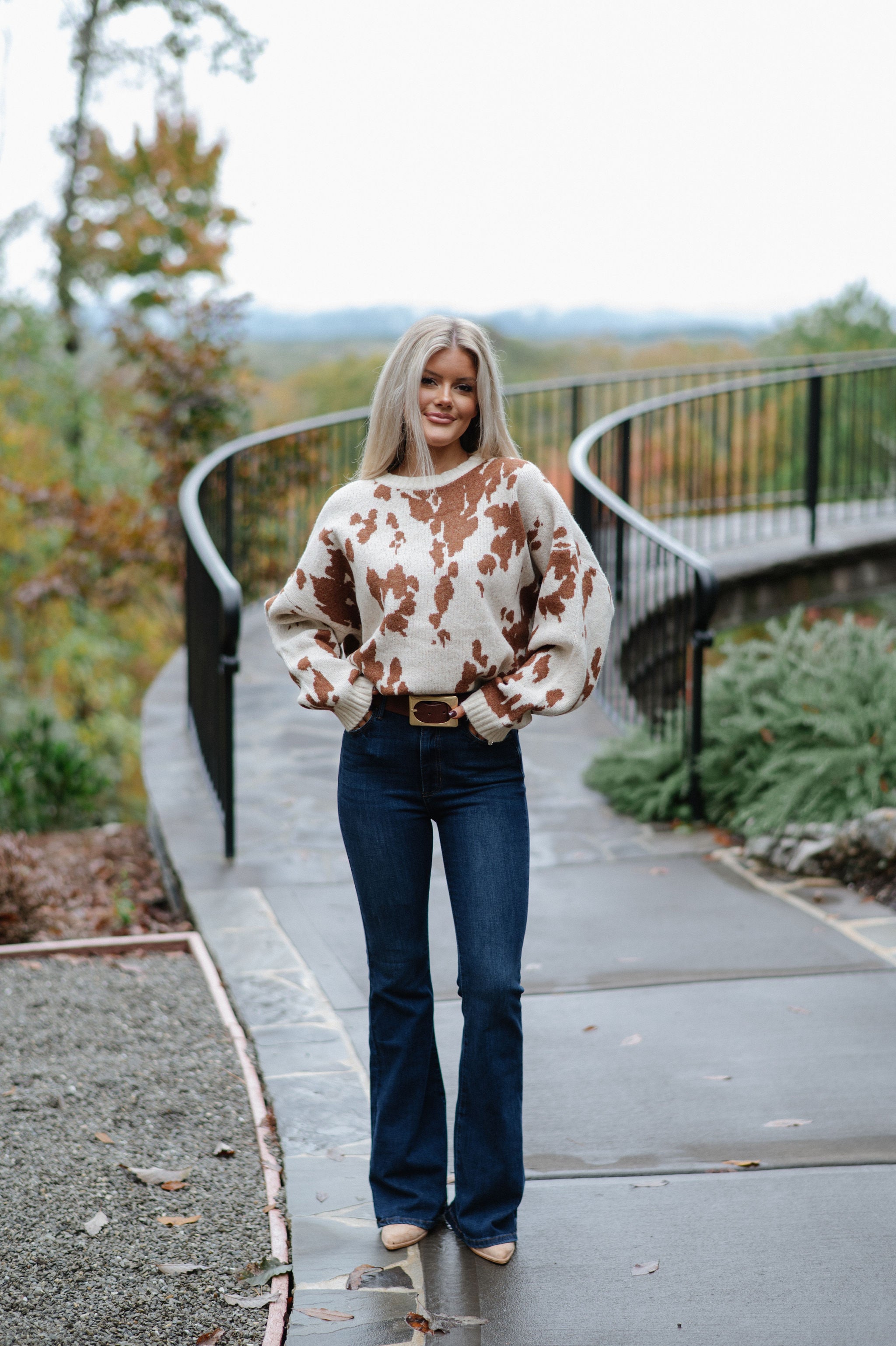 Chic Cow Print Sweater-Natural Camel