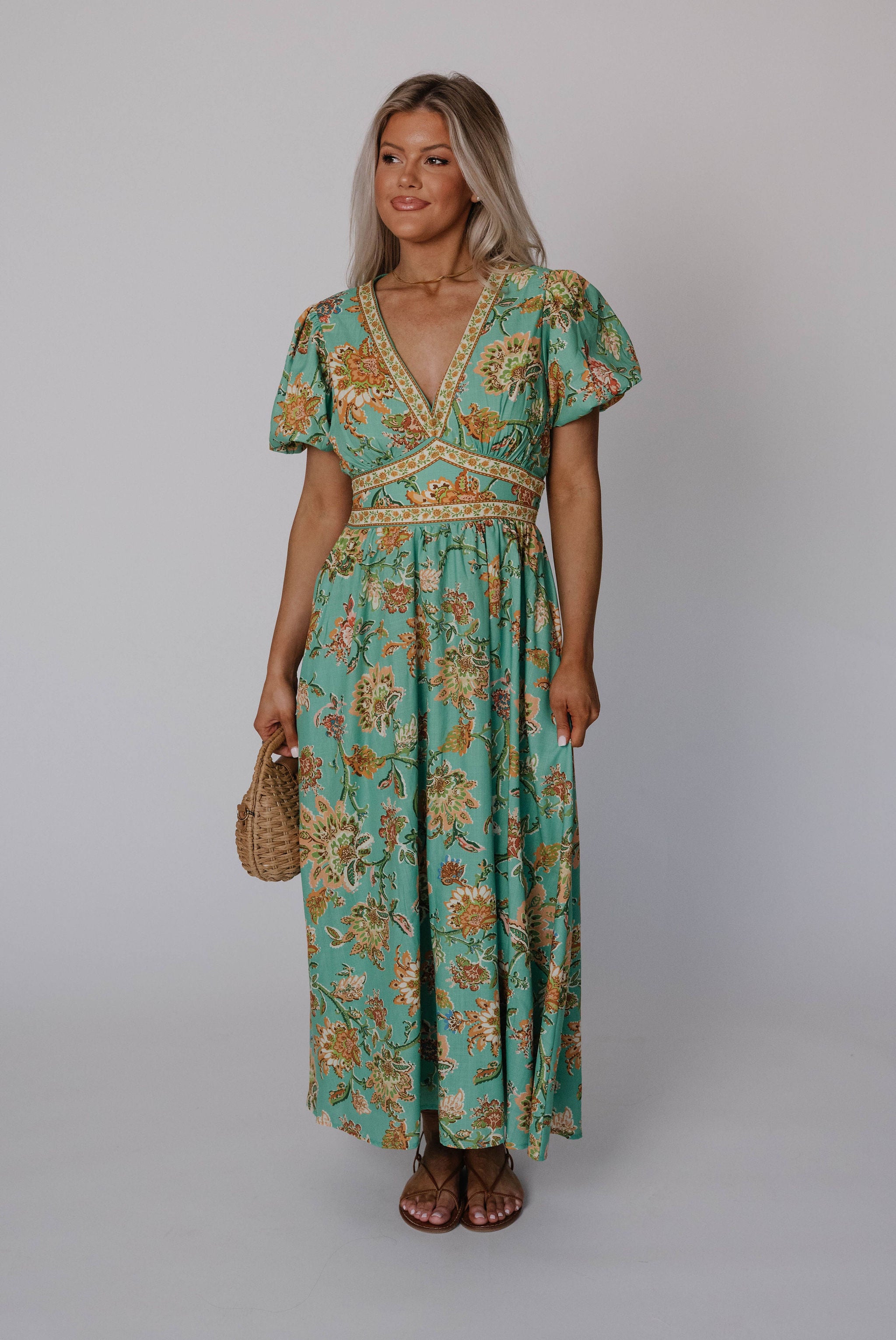 Jaynie Puff Sleeve Midi Dress-Green Multi