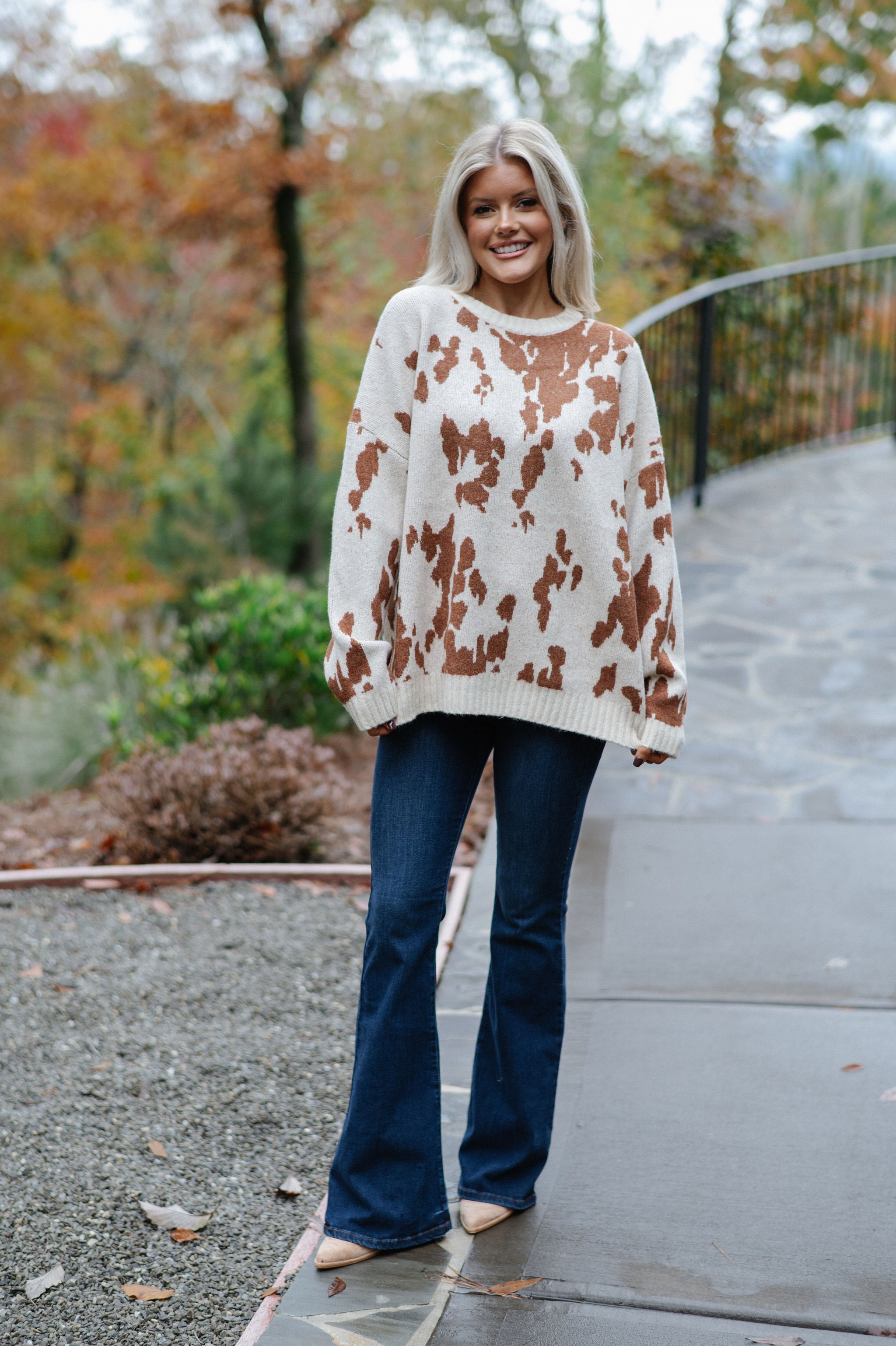 Chic Cow Print Sweater-Natural Camel
