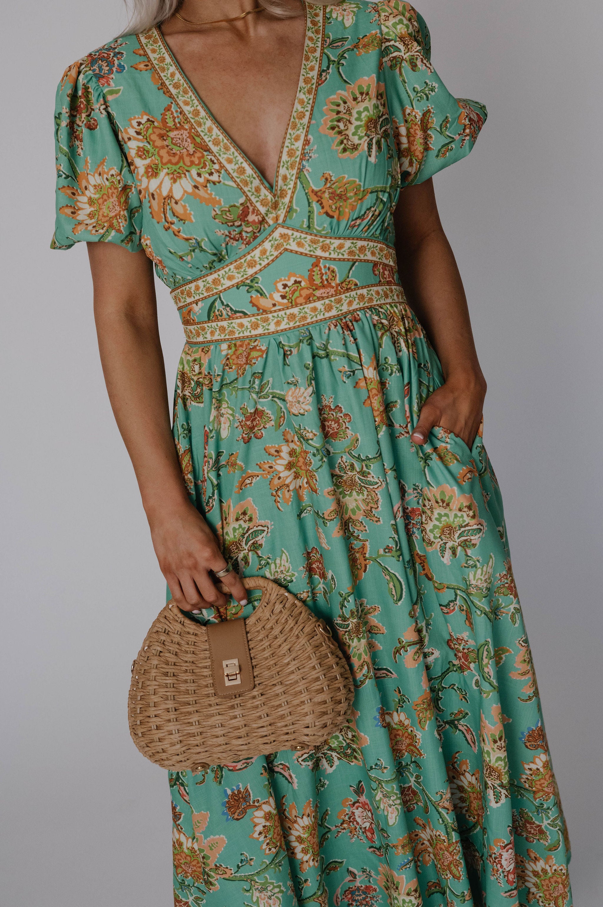 Jaynie Puff Sleeve Midi Dress-Green Multi