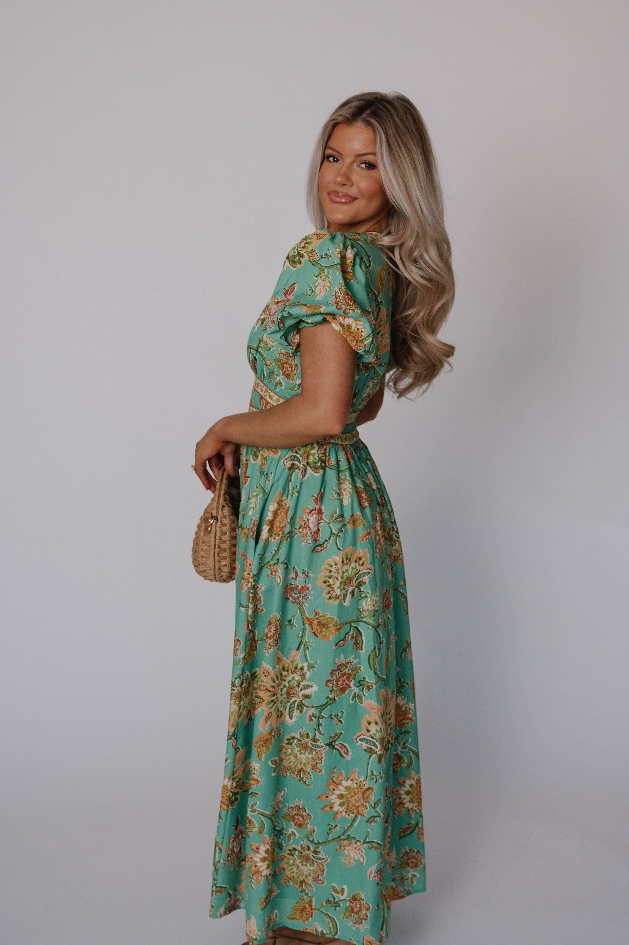 Jaynie Puff Sleeve Midi Dress-Green Multi