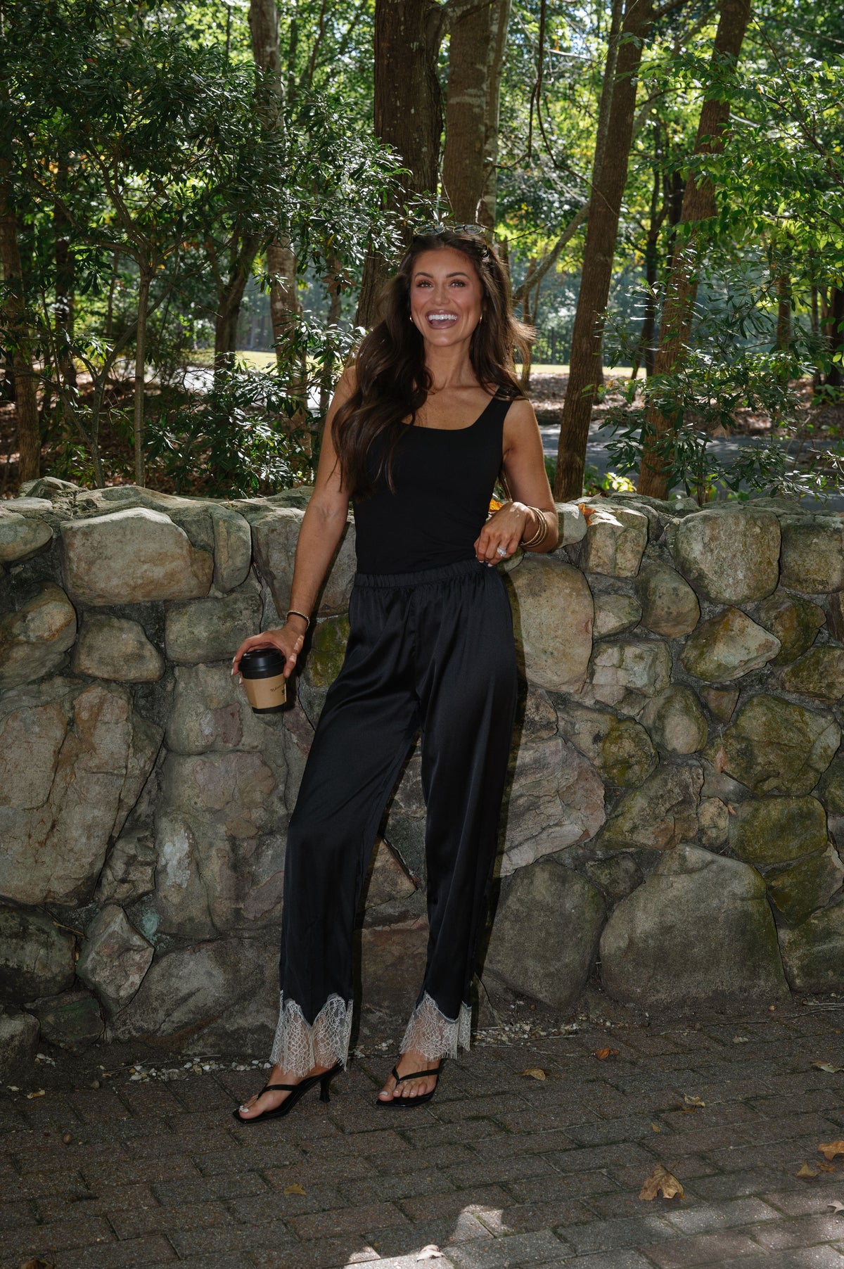 Quinn Lace Trim Satin Pants-Black/Cream