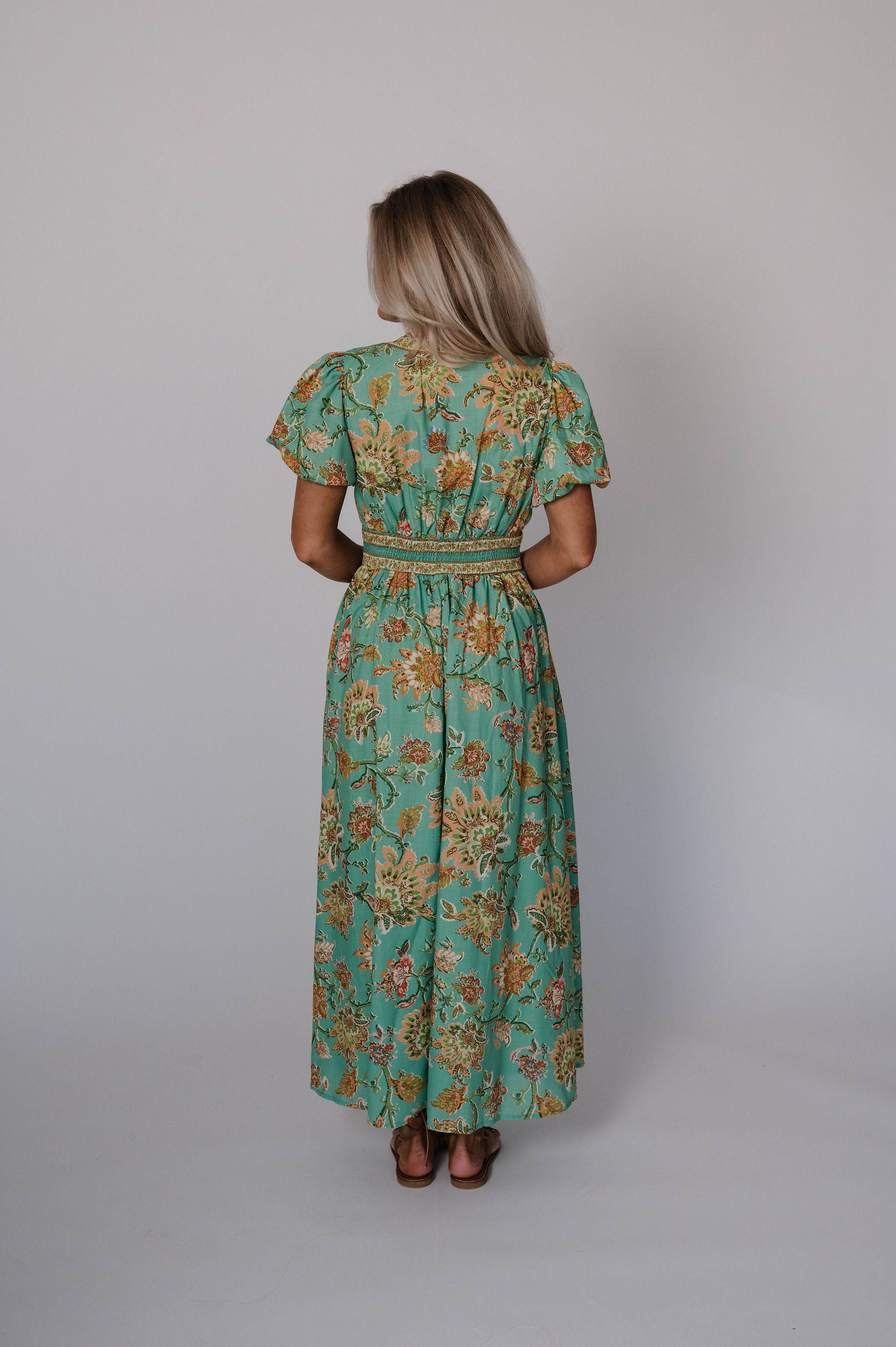 Jaynie Puff Sleeve Midi Dress-Green Multi