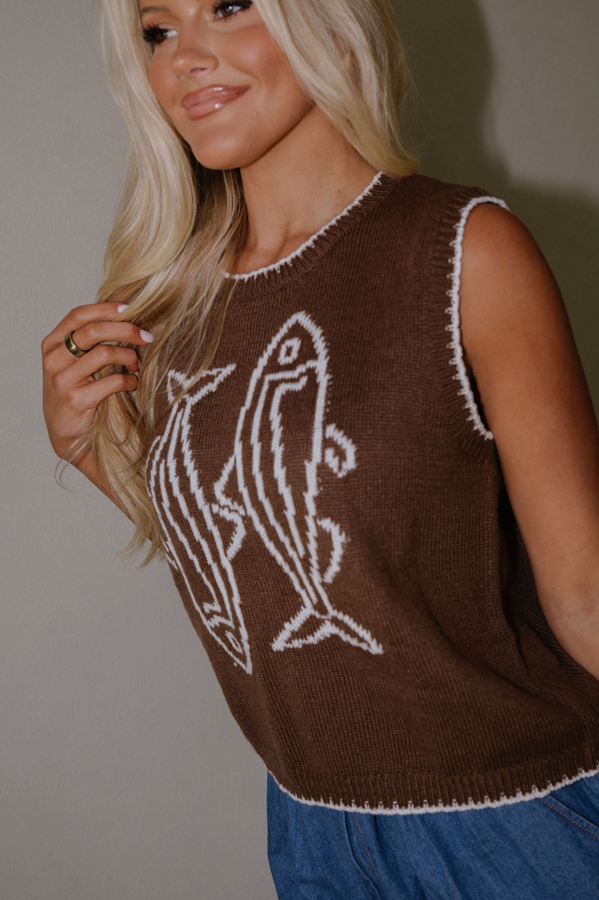 Fish Printed Sweater Top-Brown/Cream