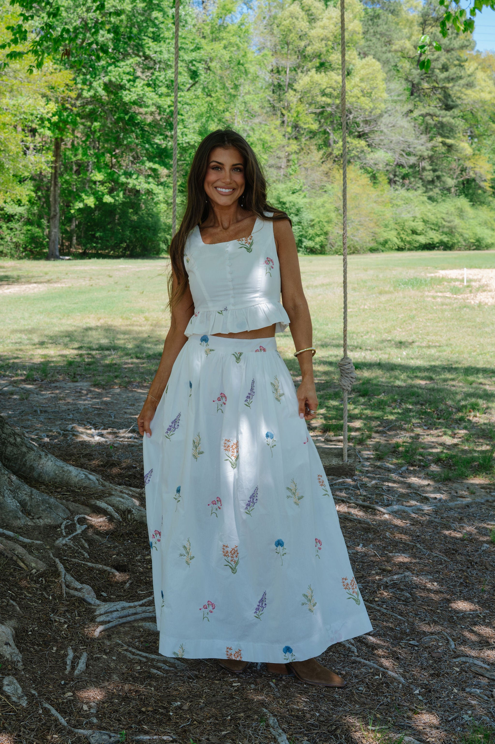 Cottage Floral Maxi Skirt Set-White