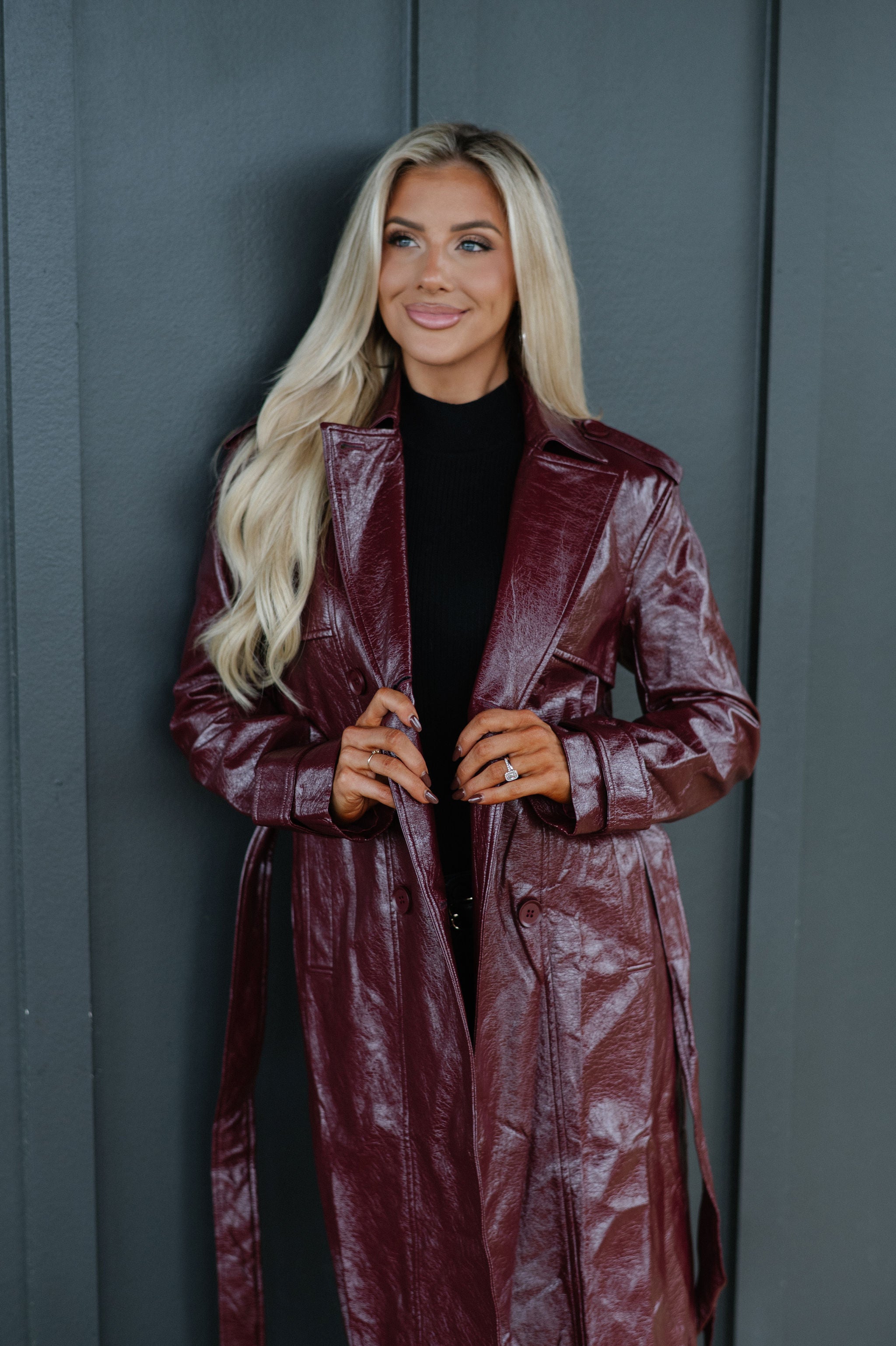Faux Leather Trench Coat-Wine