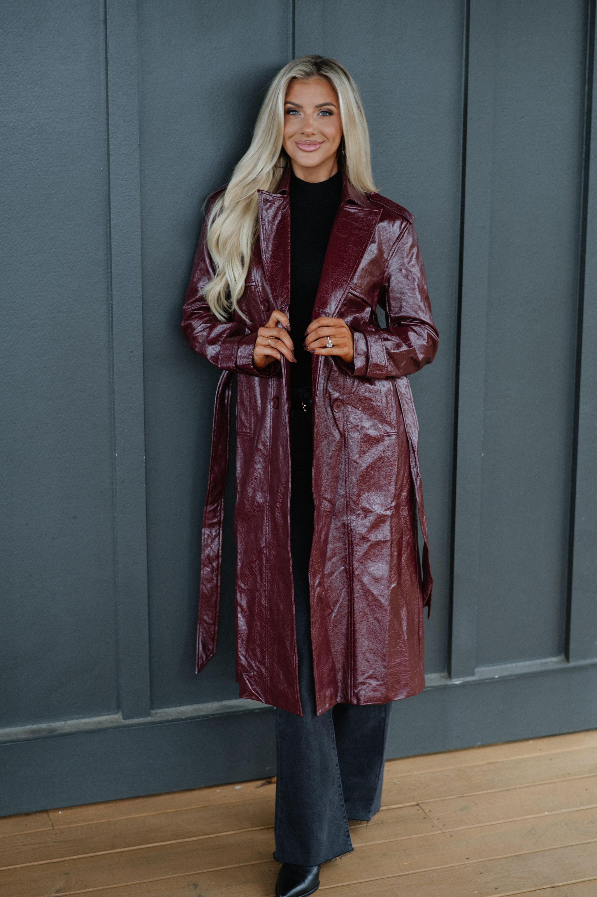 Faux Leather Trench Coat-Wine