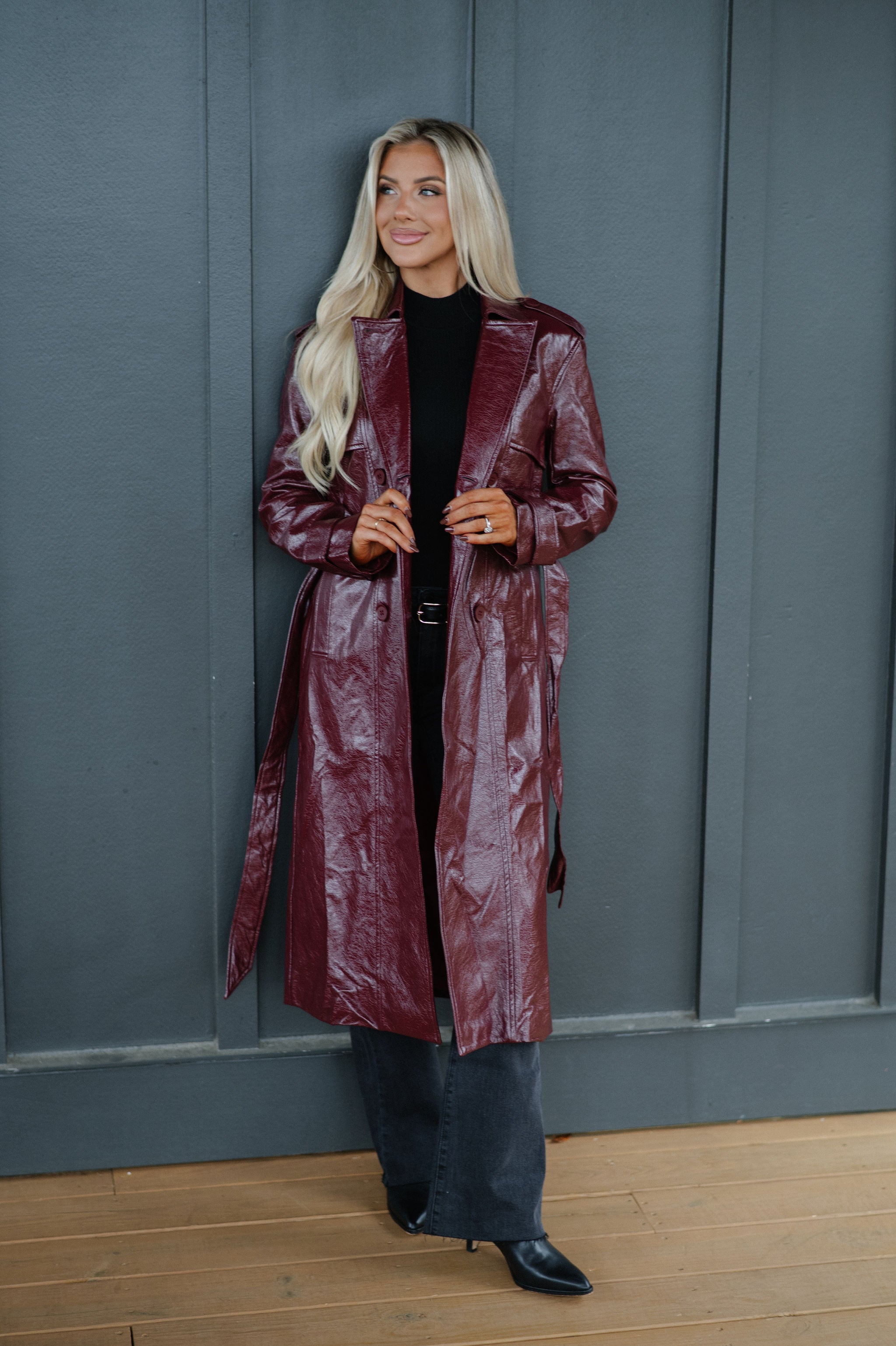 Faux Leather Trench Coat-Wine