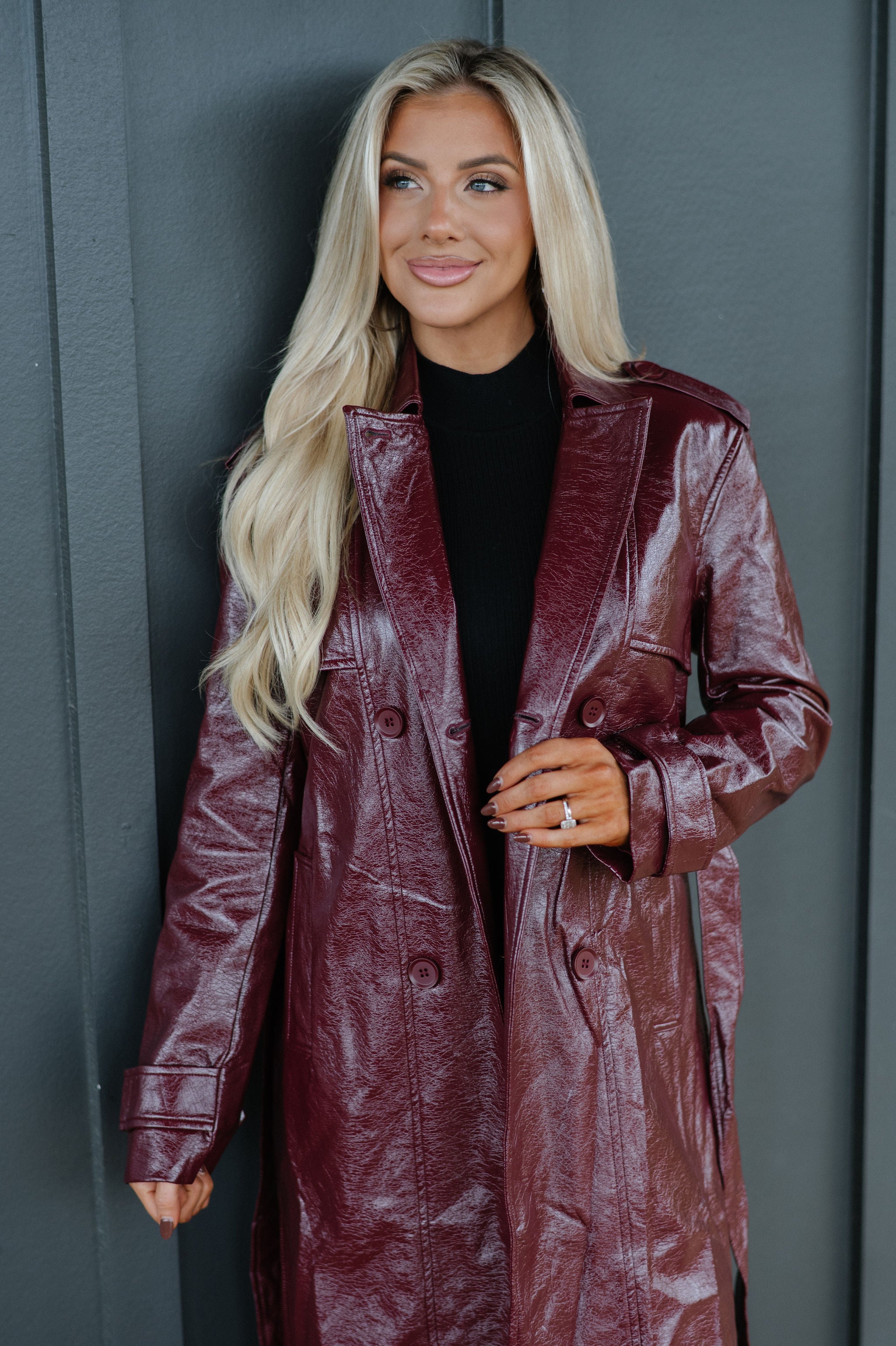 Faux Leather Trench Coat-Wine