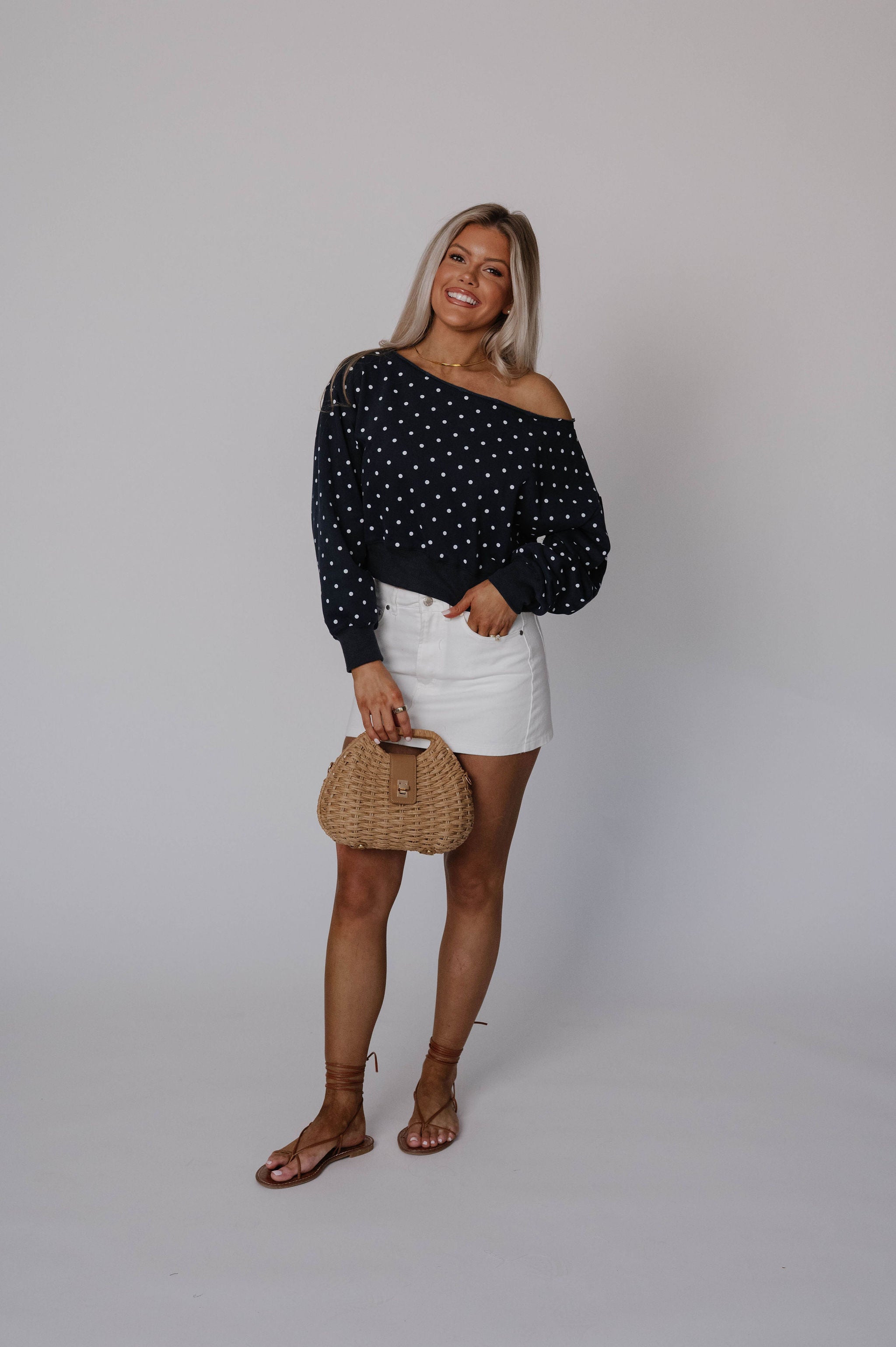 Off Shoulder Sweatshirt-Polka Dot