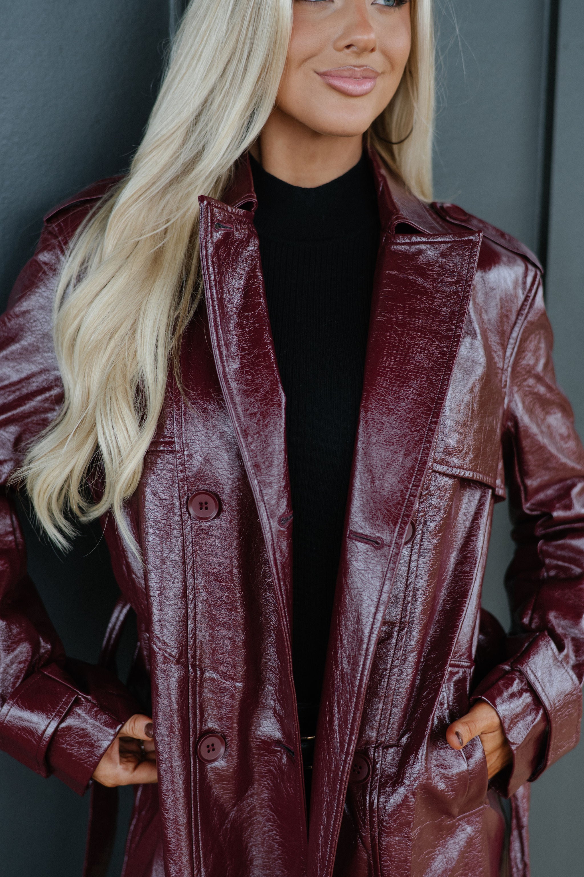 Faux Leather Trench Coat-Wine