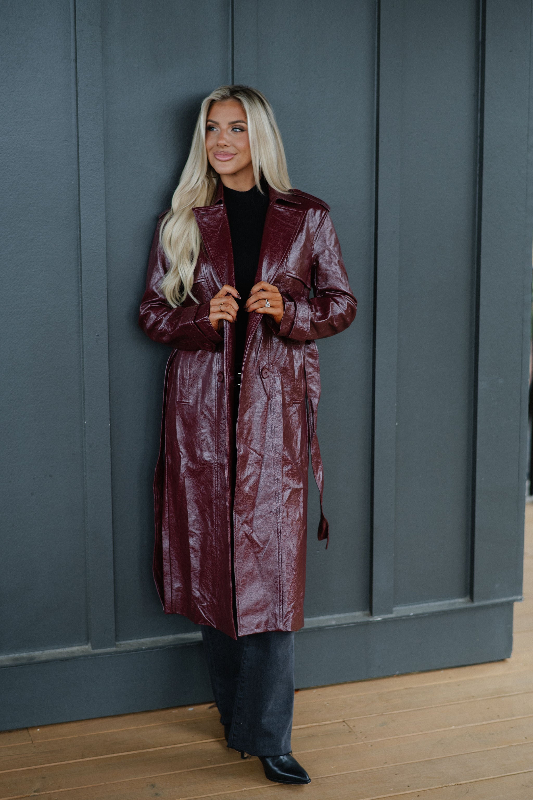 Faux Leather Trench Coat-Wine