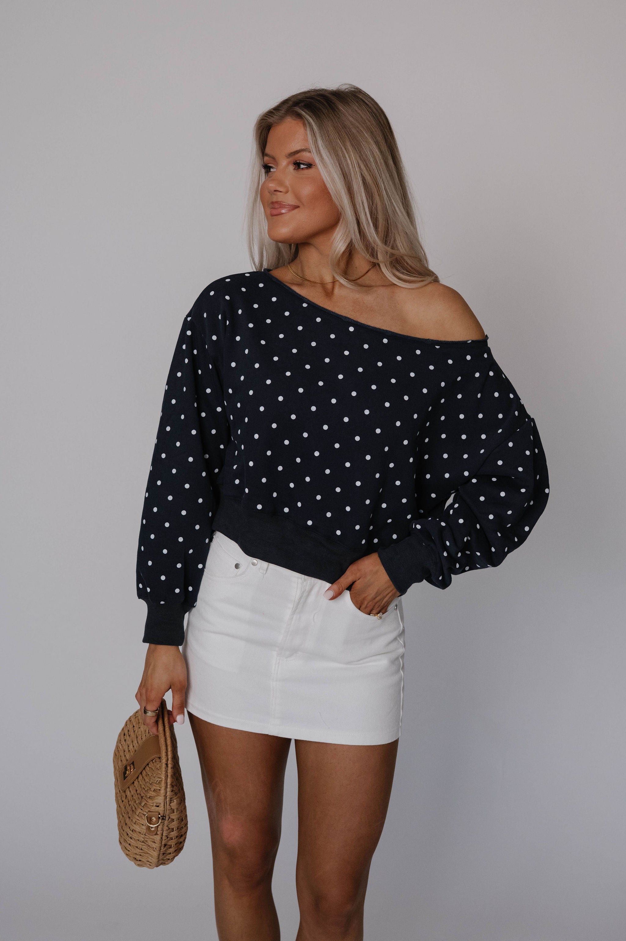 Off Shoulder Sweatshirt-Polka Dot