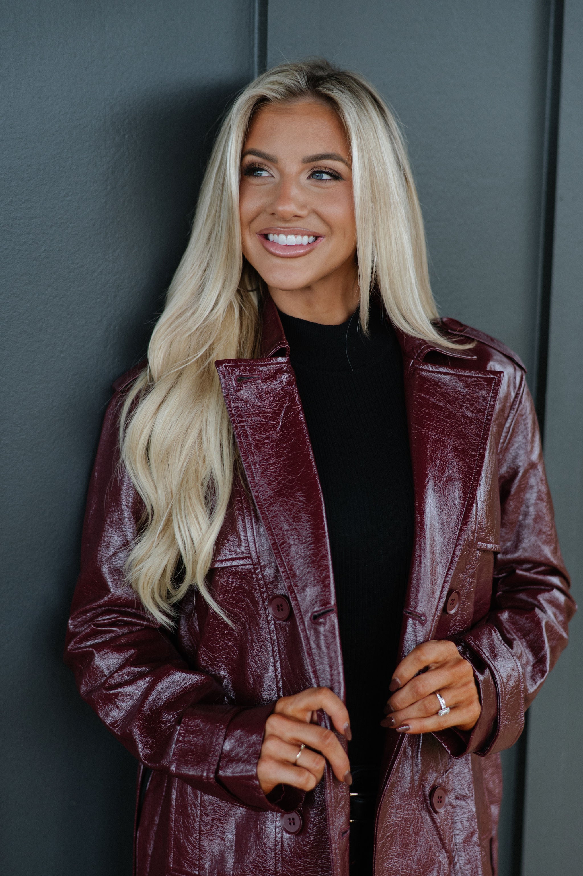 Faux Leather Trench Coat-Wine