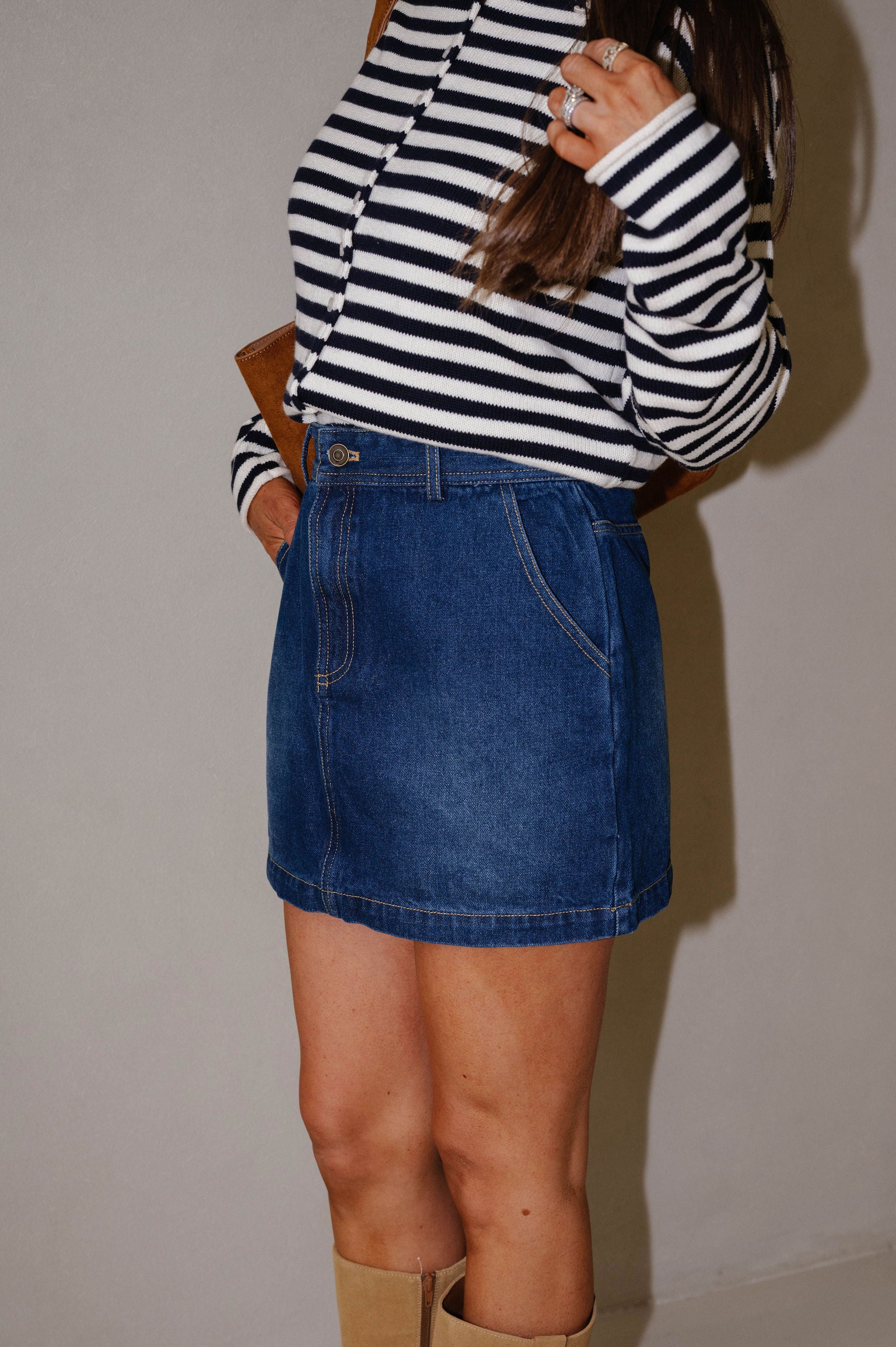 Denim Pocketed Mini Skirt-Dark Wash